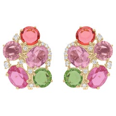 10.42ct Multi Gemstone 0.36ct Diamond Cluster Stud Earrings 14 Karat Yellow Gold