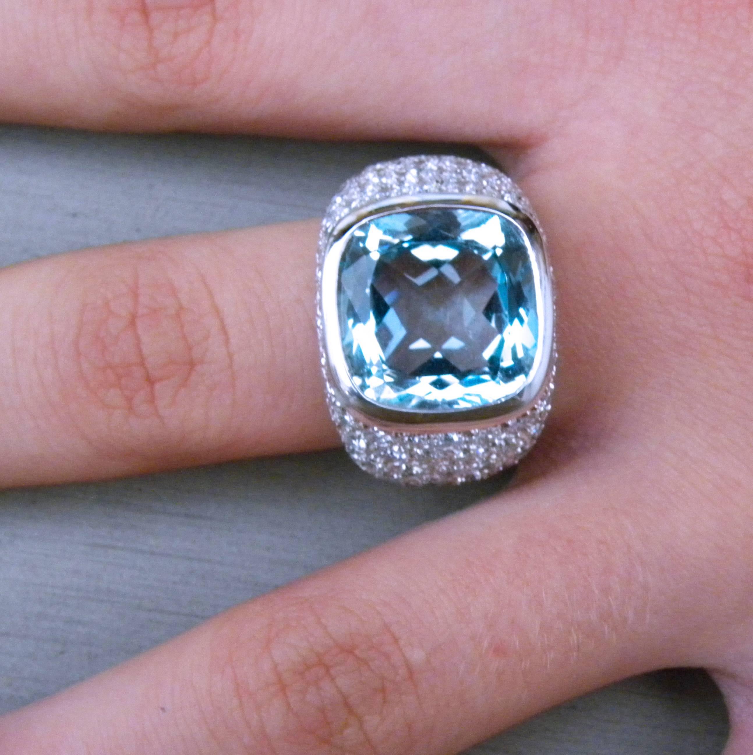 Women's Berca 10.43 Carat Natural Antik Cut Brazilian Aquamarine 3.74 Carat Diamond Ring For Sale