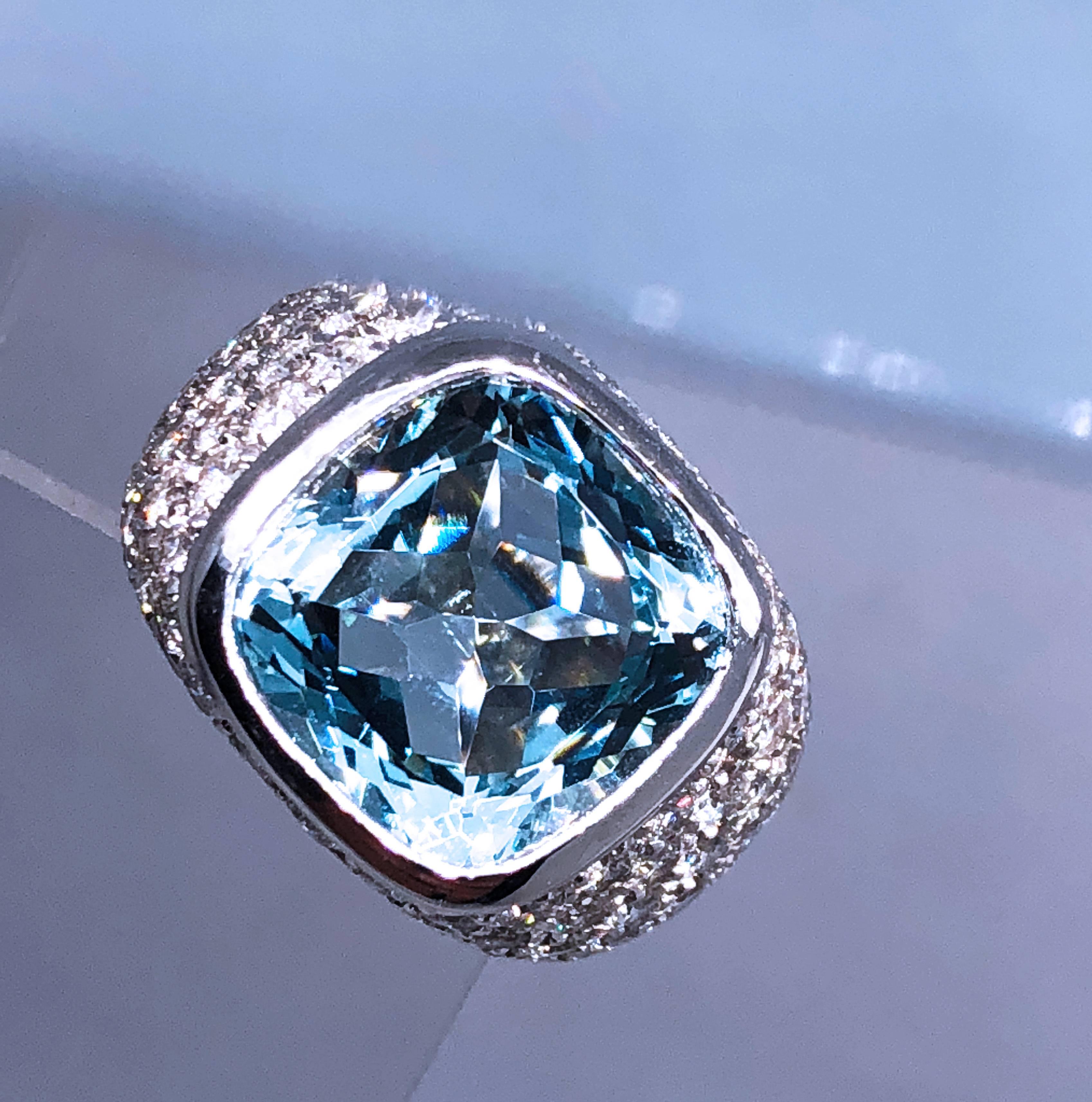 Berca 10.43 Carat Natural Antik Cut Brazilian Aquamarine 3.74 Carat Diamond Ring For Sale 1