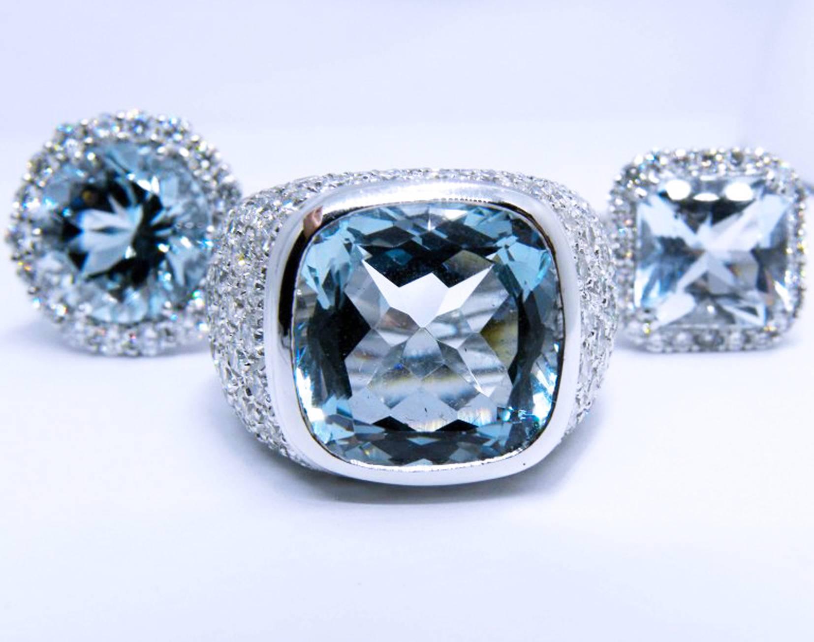 Berca 10.43 Carat Natural Antik Cut Brazilian Aquamarine 3.74 Carat Diamond Ring For Sale 3