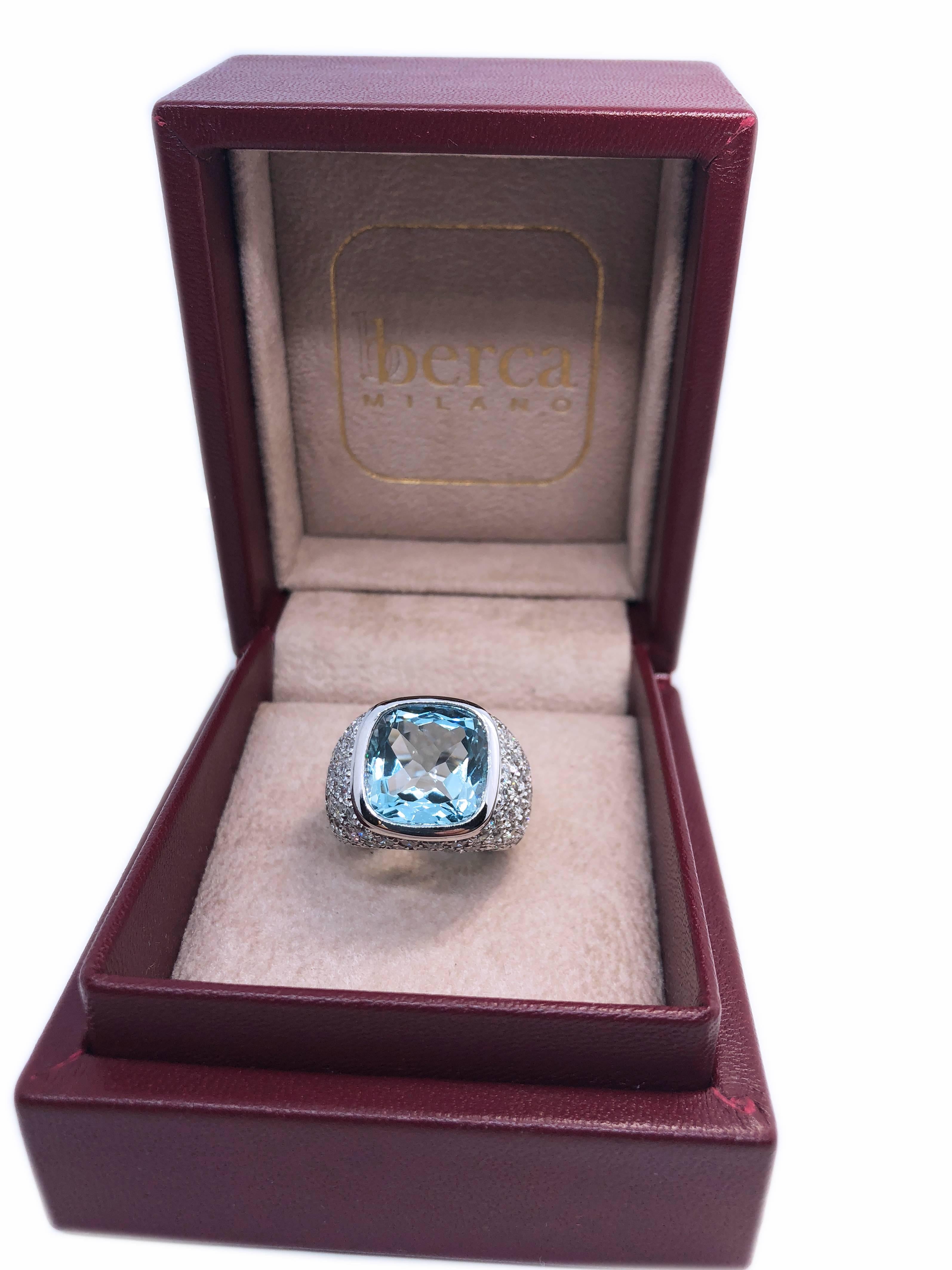 Berca 10.43 Carat Natural Antik Cut Brazilian Aquamarine 3.74 Carat Diamond Ring For Sale 4