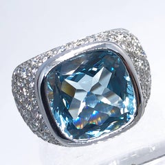 Berca 10.43 Carat Natural Antik Cut Brazilian Aquamarine 3.74 Carat Diamond Ring