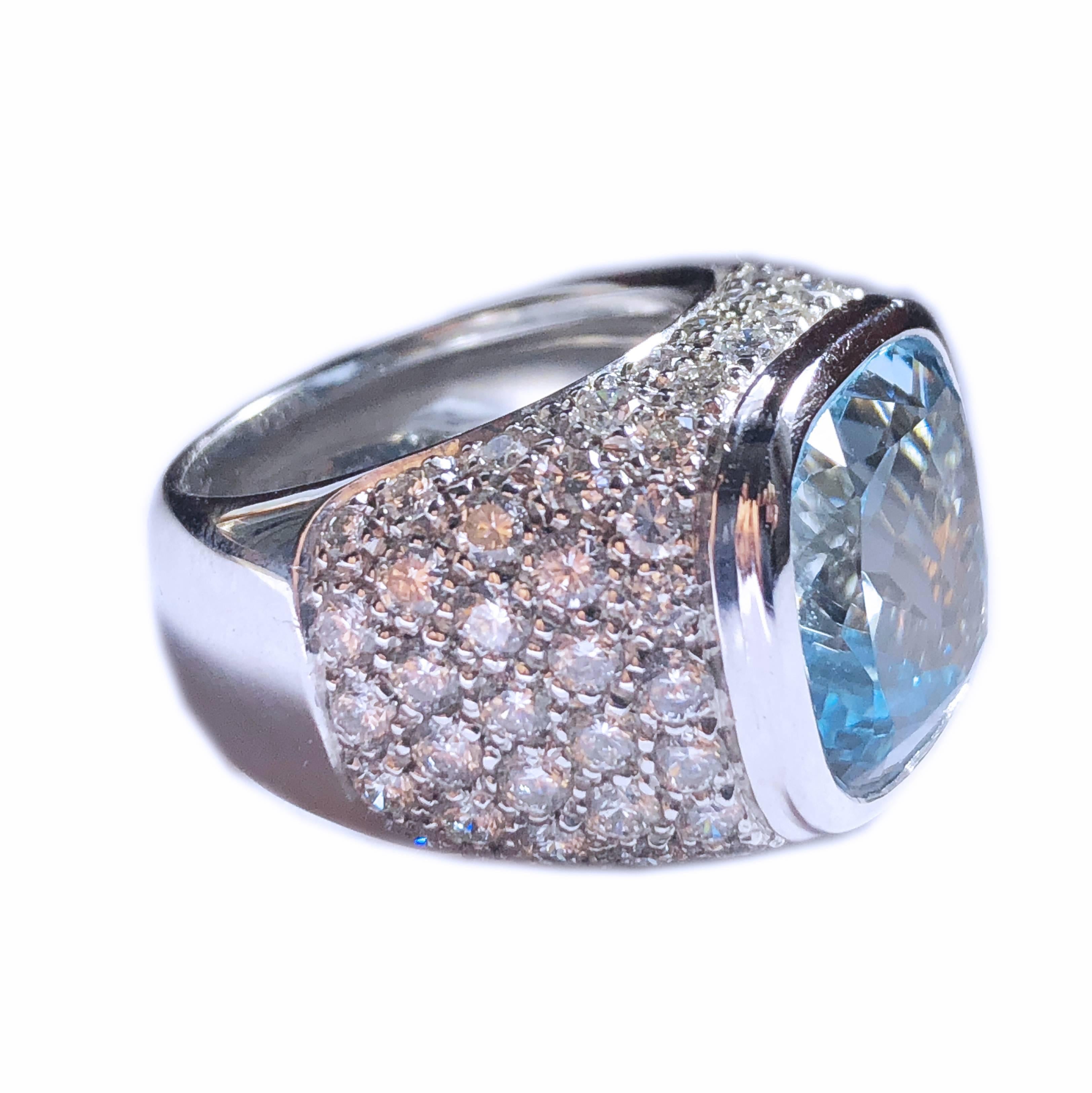 Contemporary Berca 10.43 Carat Natural Antik Cut Brazilian Aquamarine 3.74 Carat Diamond Ring For Sale