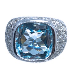 Berca 10.43 Carat Natural Antik Cut Brazilian Aquamarine 3.74 Carat Diamond Ring