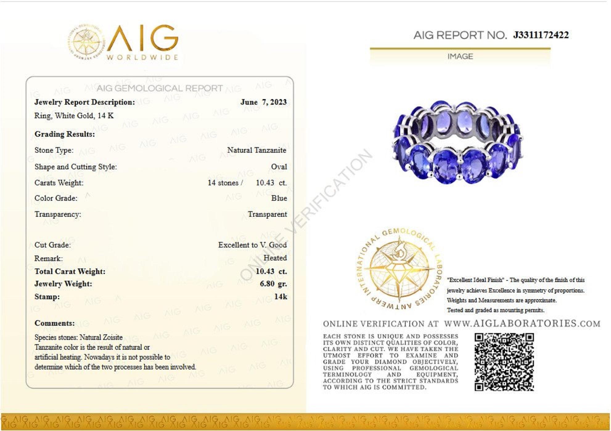 Zentrum Natürlicher Tansanit:
Gewicht: 10,43 ct / 14 Steine
Farbe: Violettblau
Form: Oval Gemischt
Die Farbe des Tansanits ist das Ergebnis einer natürlichen oder künstlichen Erhitzung. Heutzutage ist es nicht möglich, festzustellen, welcher der