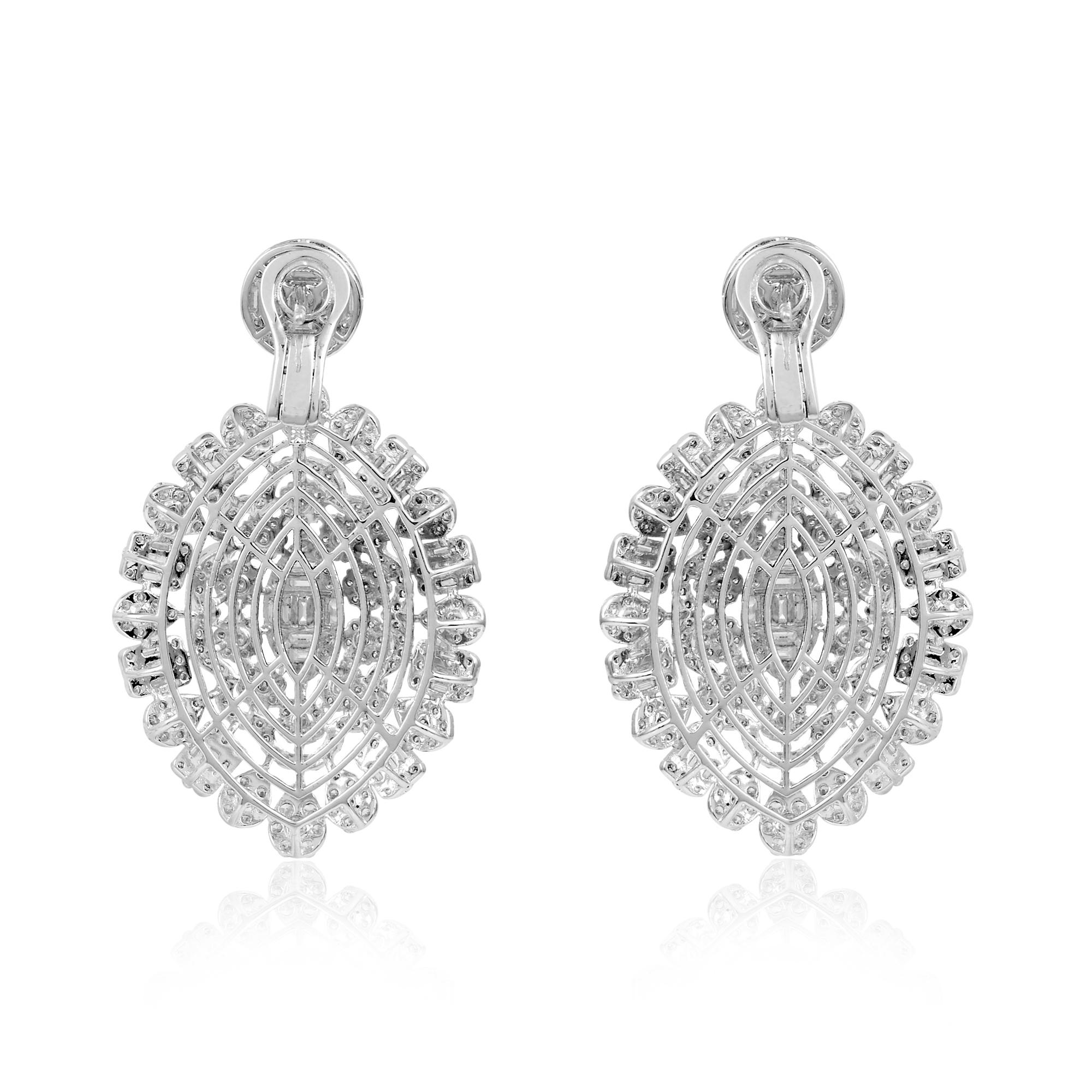 Modern 10.45 Carat Baguette Round Diamond Dangle Earrings 18 Karat White Gold Jewelry For Sale