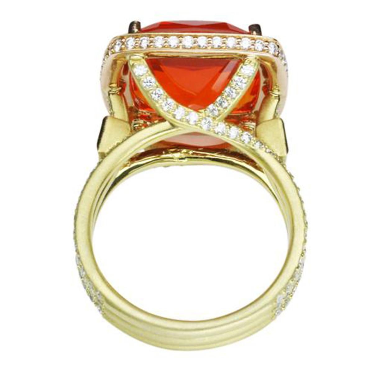 Elegant & finely detailed Ring, center set with a securely nestled 10.45 Cushion Cut Intense Orange Fire Opal, 13.5mm x 13.5mm; clarity internally flawless (IF), no treatment; surrounded by and enhanced on shank with micro-set Brilliant full cut