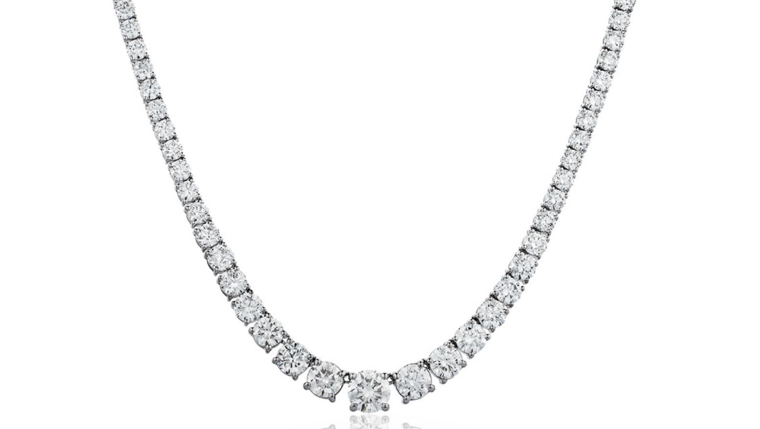 Round Cut 10.45 Carat Diamond Line Necklace 18 Karat White Gold 4 Claws Set Riviera Tennis For Sale