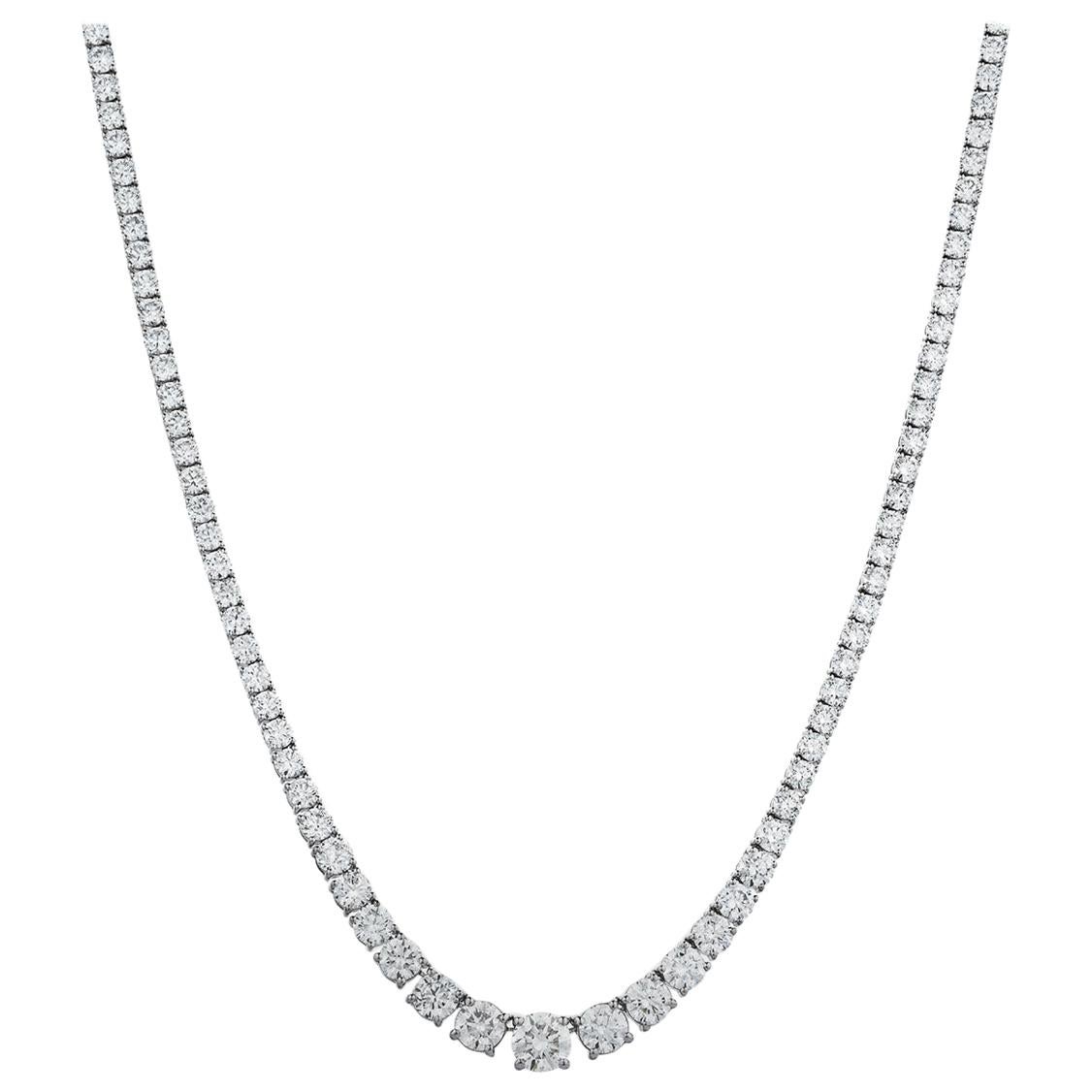 10.45 Carat Diamond Line Necklace 18 Karat White Gold 4 Claws Set Riviera Tennis For Sale