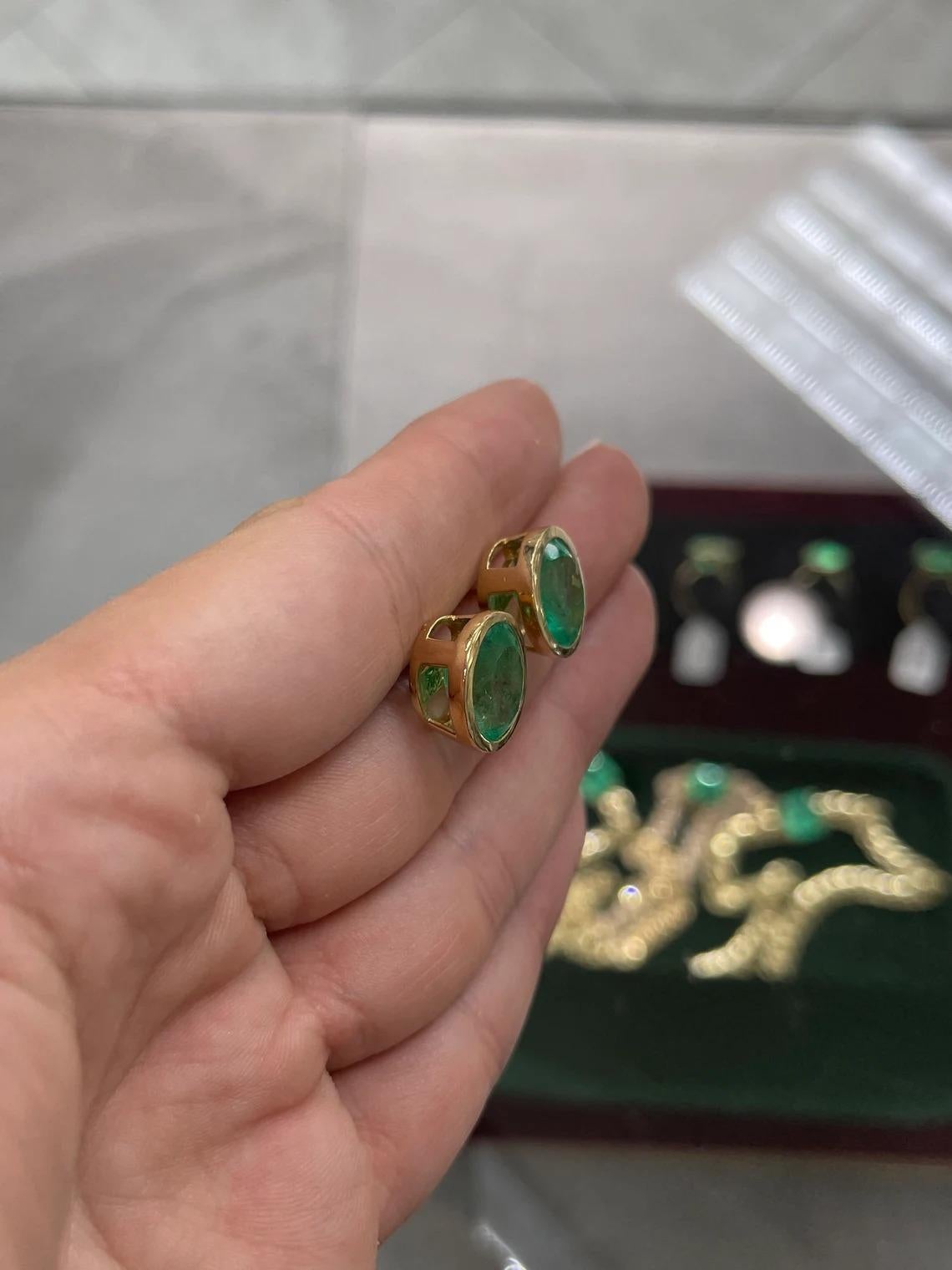 10.45tcw 14K Huge Colombian Emerald-Oval Cut Bezel Set Yellow Gold Stud Earrings For Sale 1