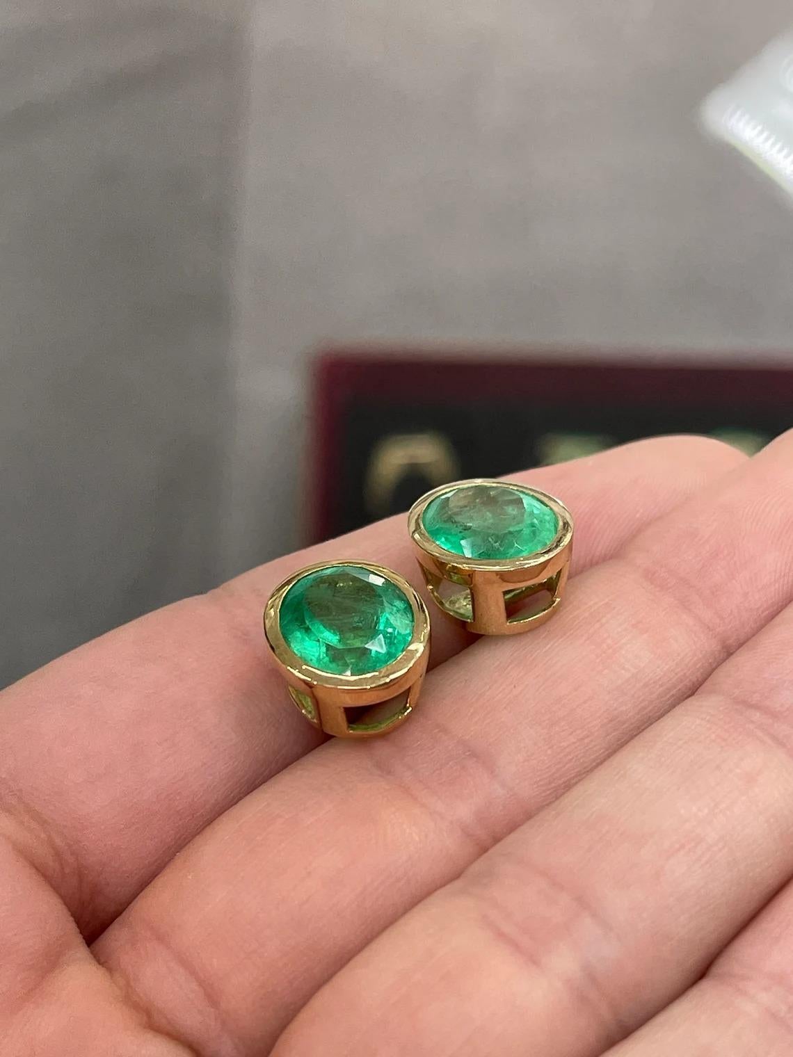 10.45tcw 14K Huge Colombian Emerald-Oval Cut Bezel Set Yellow Gold Stud Earrings For Sale 2