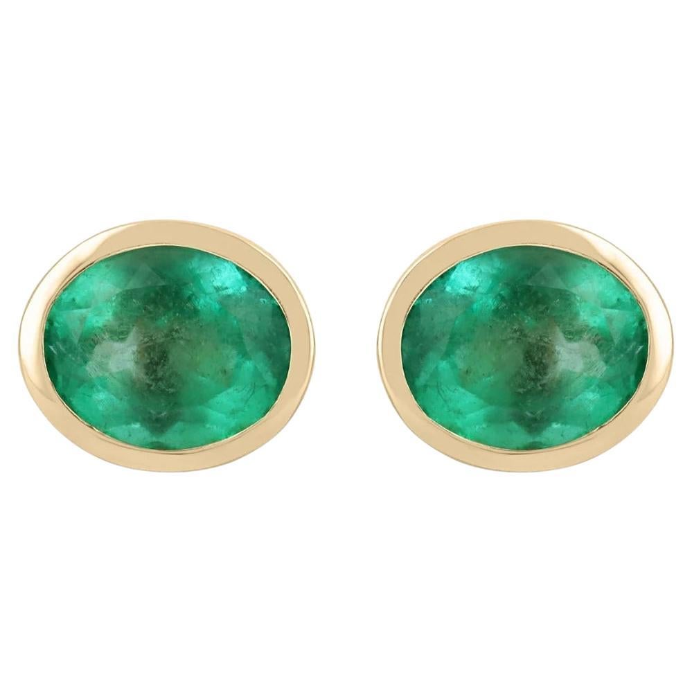 10.45tcw 14K Huge Colombian Emerald-Oval Cut Bezel Set Yellow Gold Stud Earrings For Sale