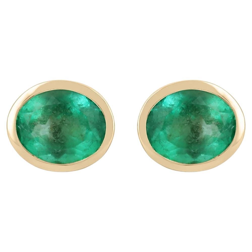 10.45tcw 14K Huge Colombian Emerald-Oval Cut Bezel Set Yellow Gold Stud Earrings
