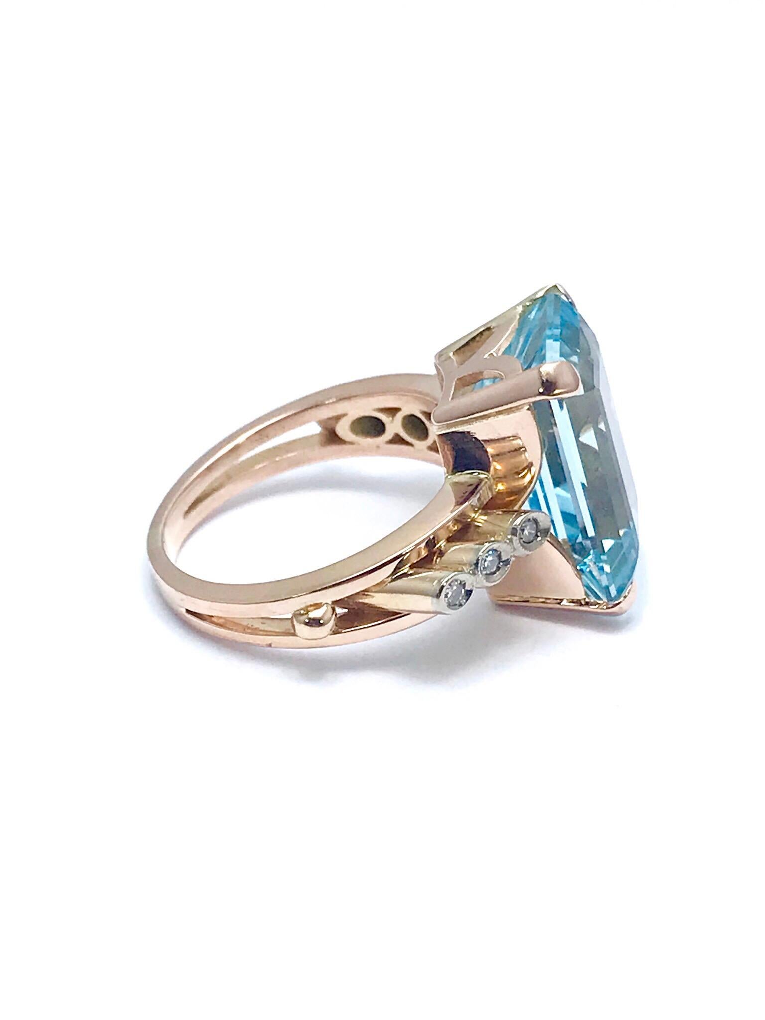 Retro-Ring aus Roségold mit 10,46 Karat Aquamarin im Smaragdschliff und rundem Diamant 1