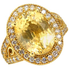 10.46 Carat GIA Natural No Heat Yellow Sapphire Diamond Ring 18 Karat Unheated