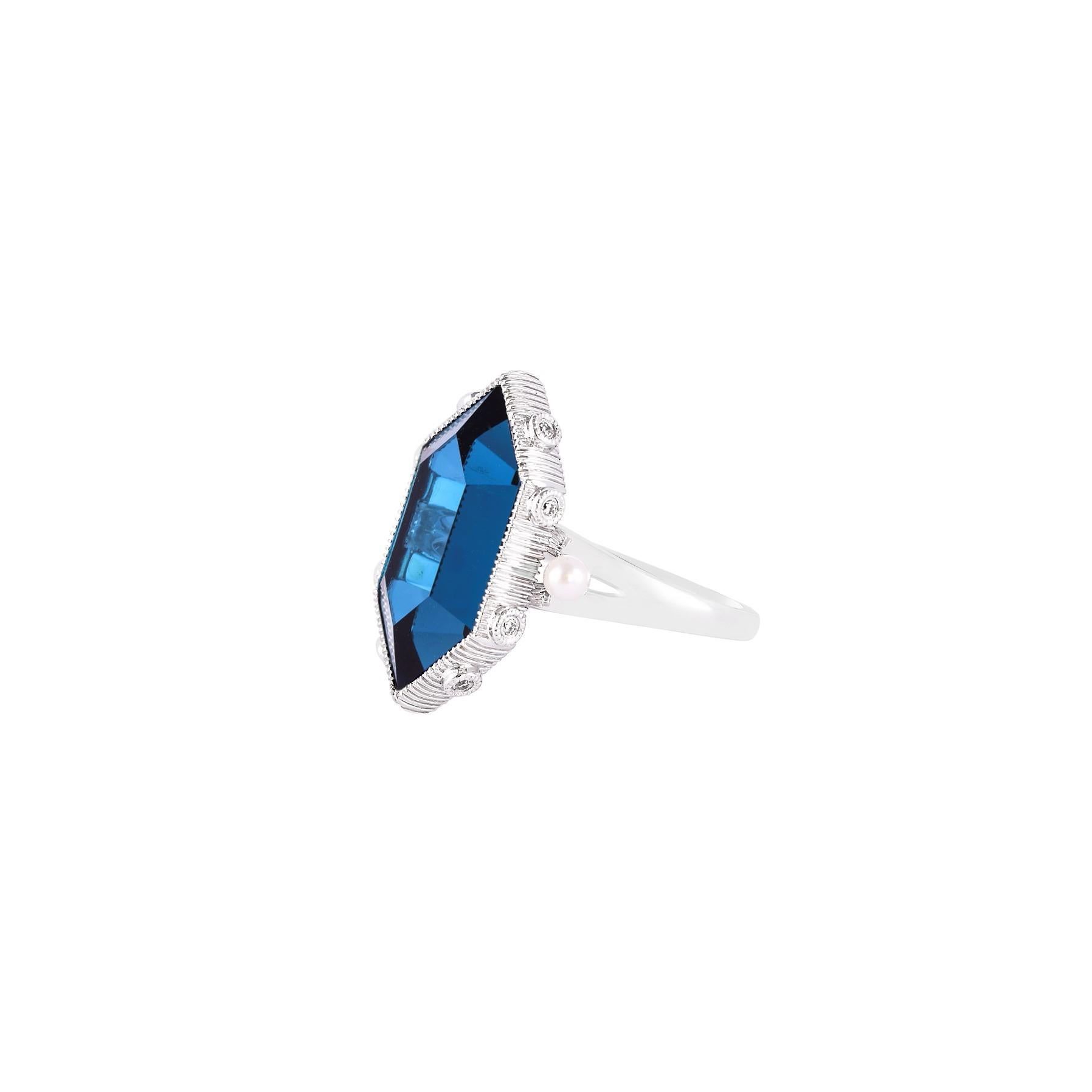 Contemporary 10.46 Carat London Blue Topaz Ring in 18 Karat White Gold with Diamonds & Pearls