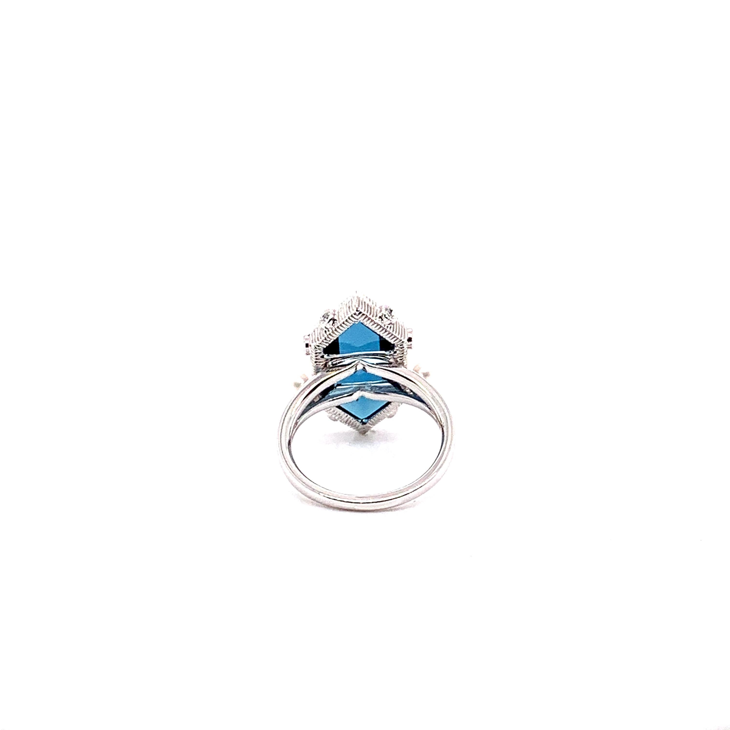 Hexagon Cut 10.46 Carat London Blue Topaz Ring in 18 Karat White Gold with Diamonds & Pearls
