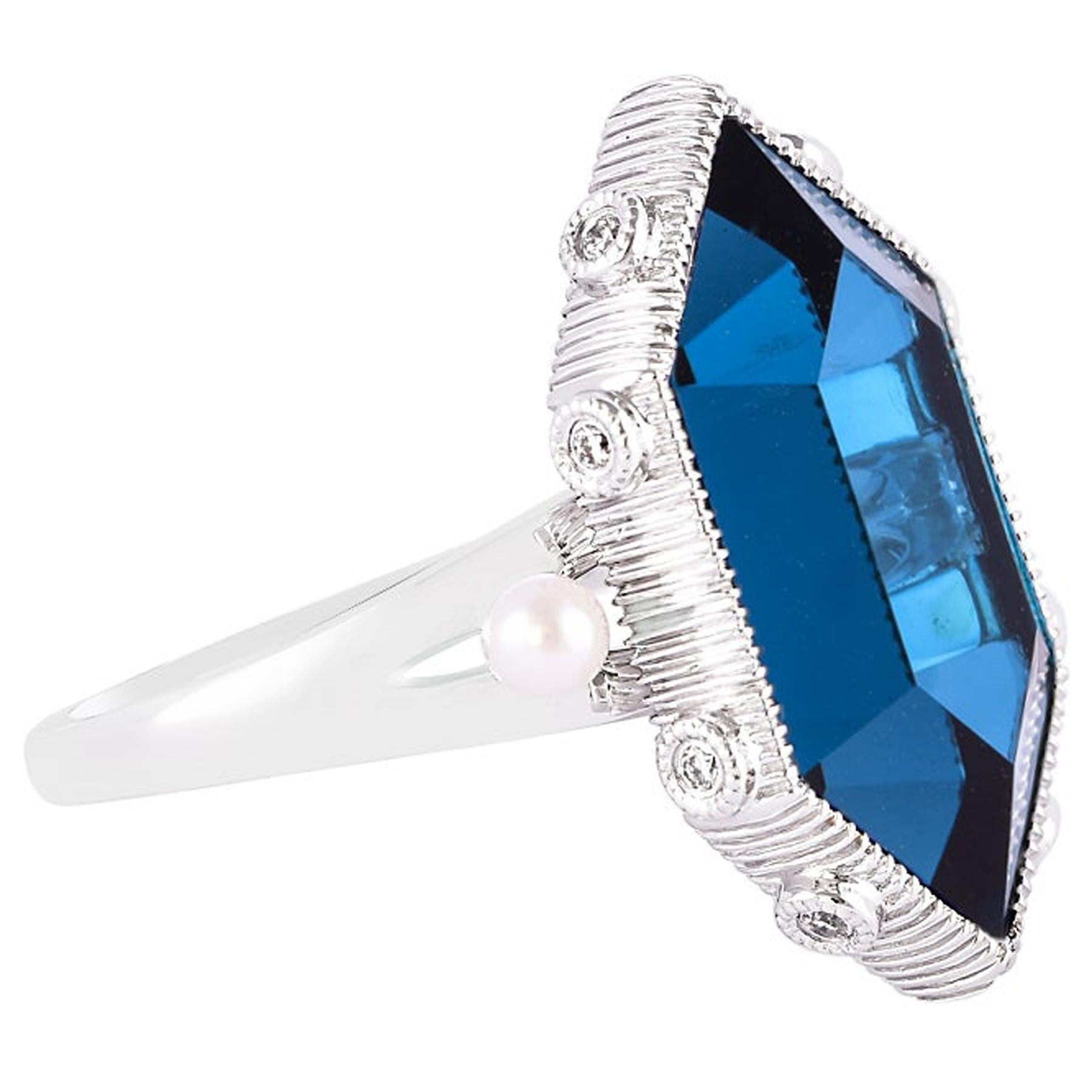 10.46 Carat London Blue Topaz Ring in 18 Karat White Gold with Diamonds & Pearls