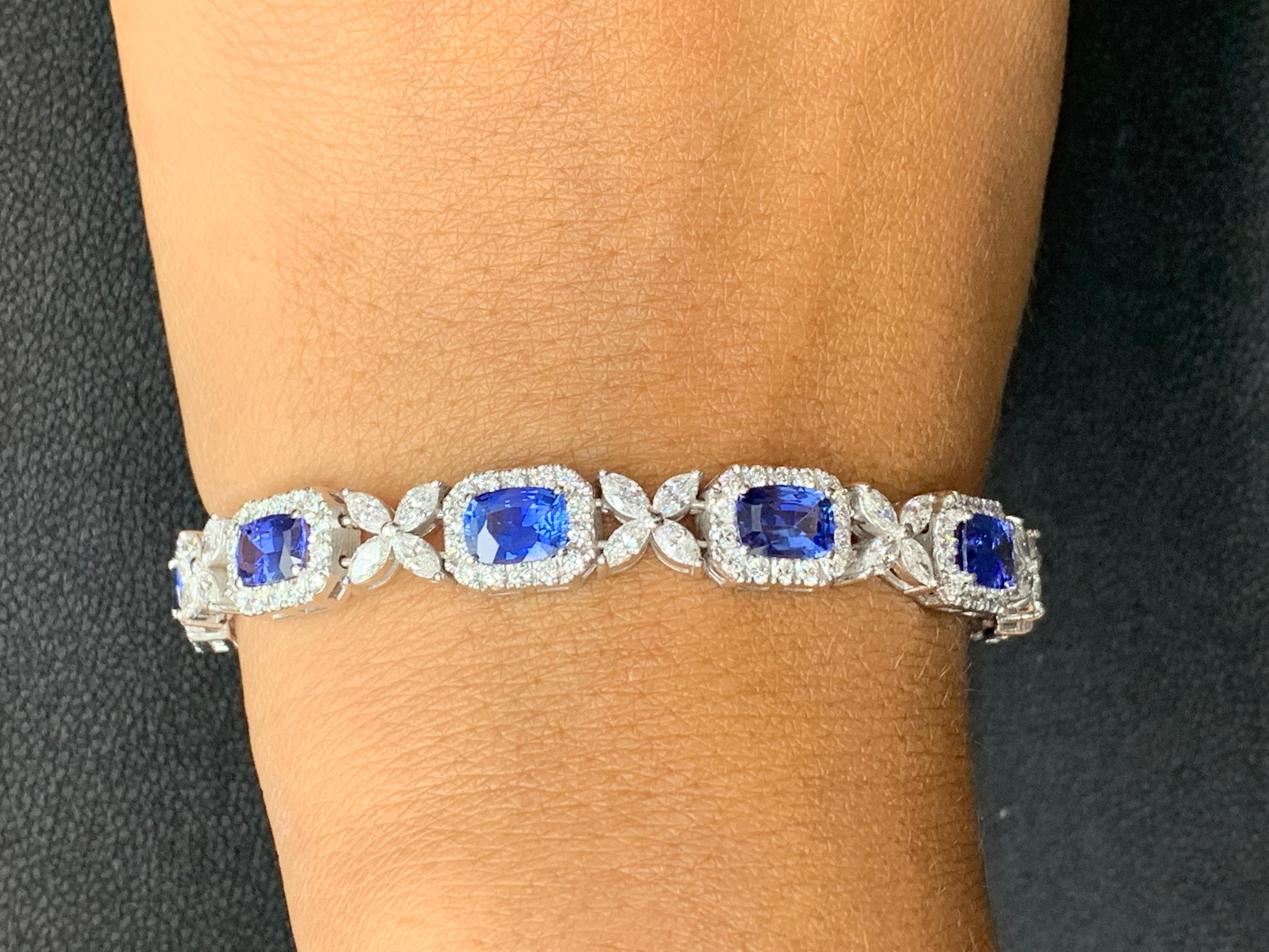 10.47 Carat Cushion cut Sapphire and Diamond Bracelet in 14K White Gold For Sale 4