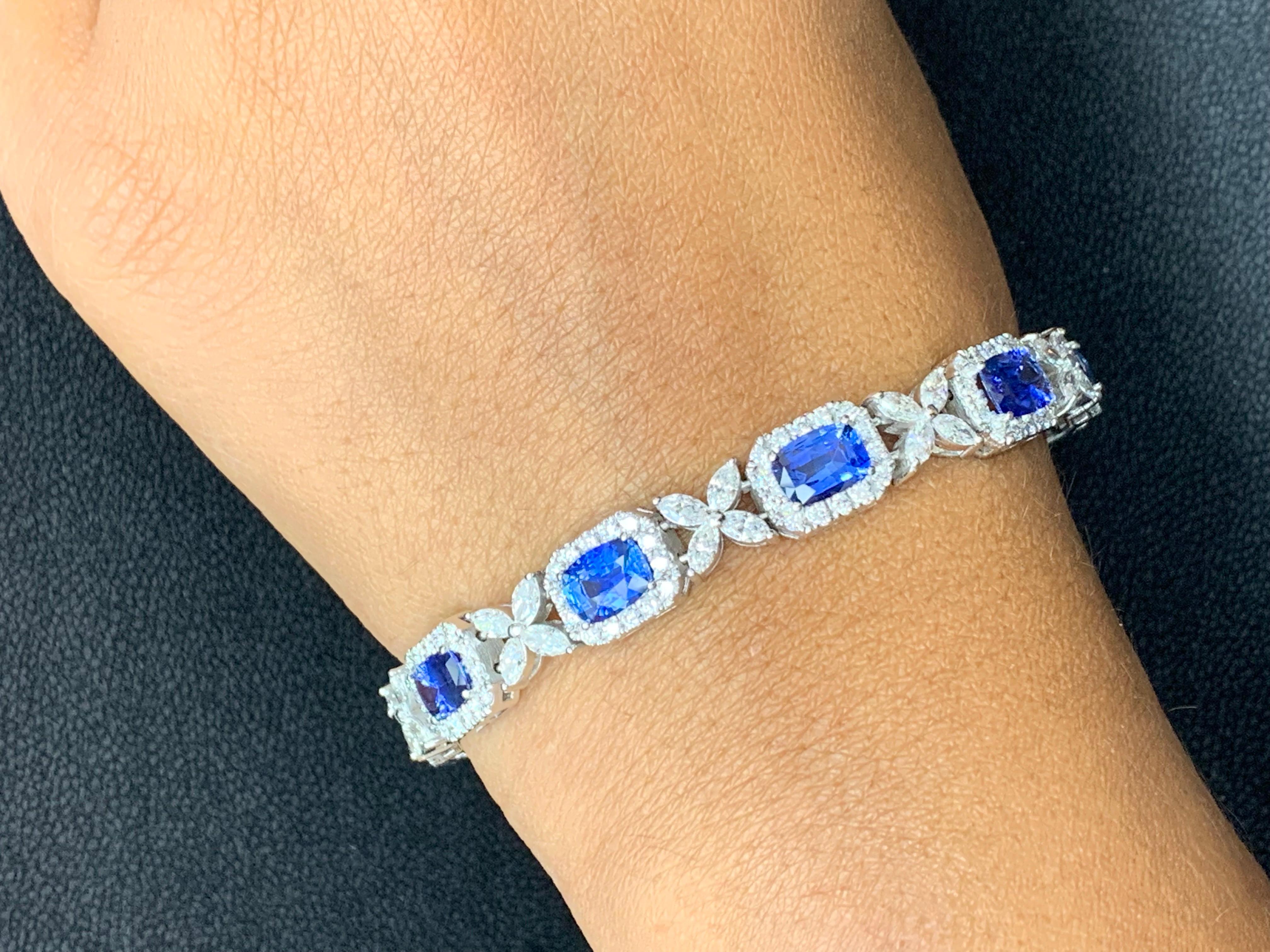 10.47 Carat Cushion cut Sapphire and Diamond Bracelet in 14K White Gold For Sale 5