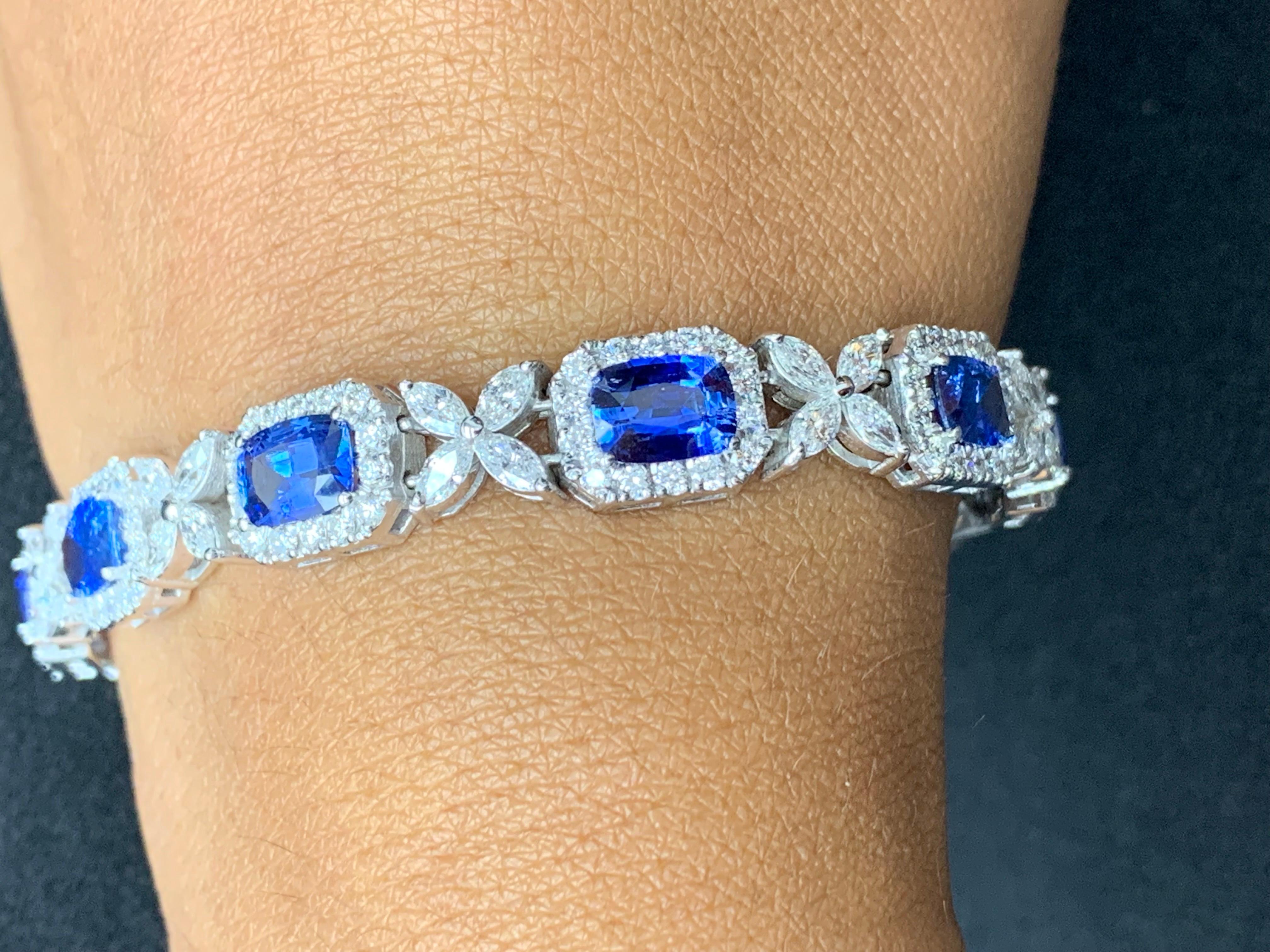 10.47 Carat Cushion cut Sapphire and Diamond Bracelet in 14K White Gold For Sale 6