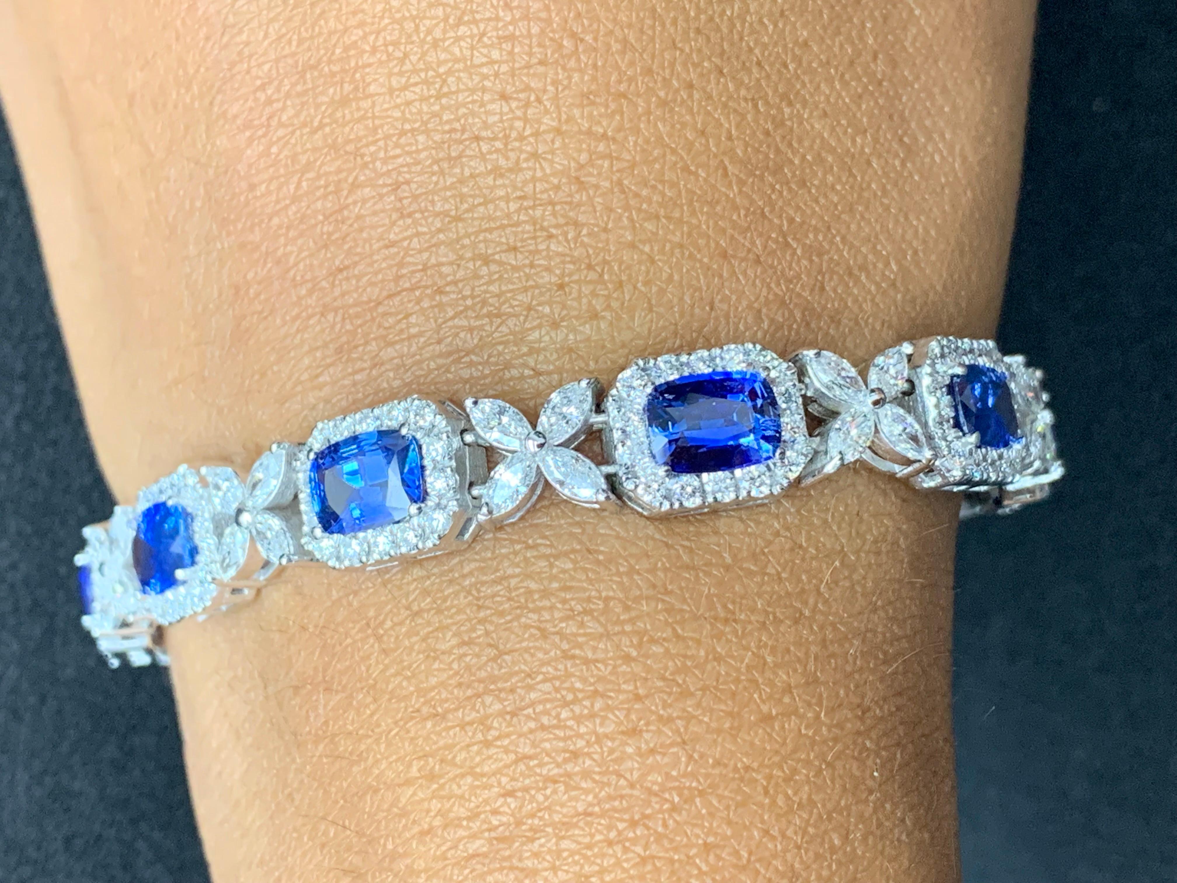 10.47 Carat Cushion cut Sapphire and Diamond Bracelet in 14K White Gold For Sale 7