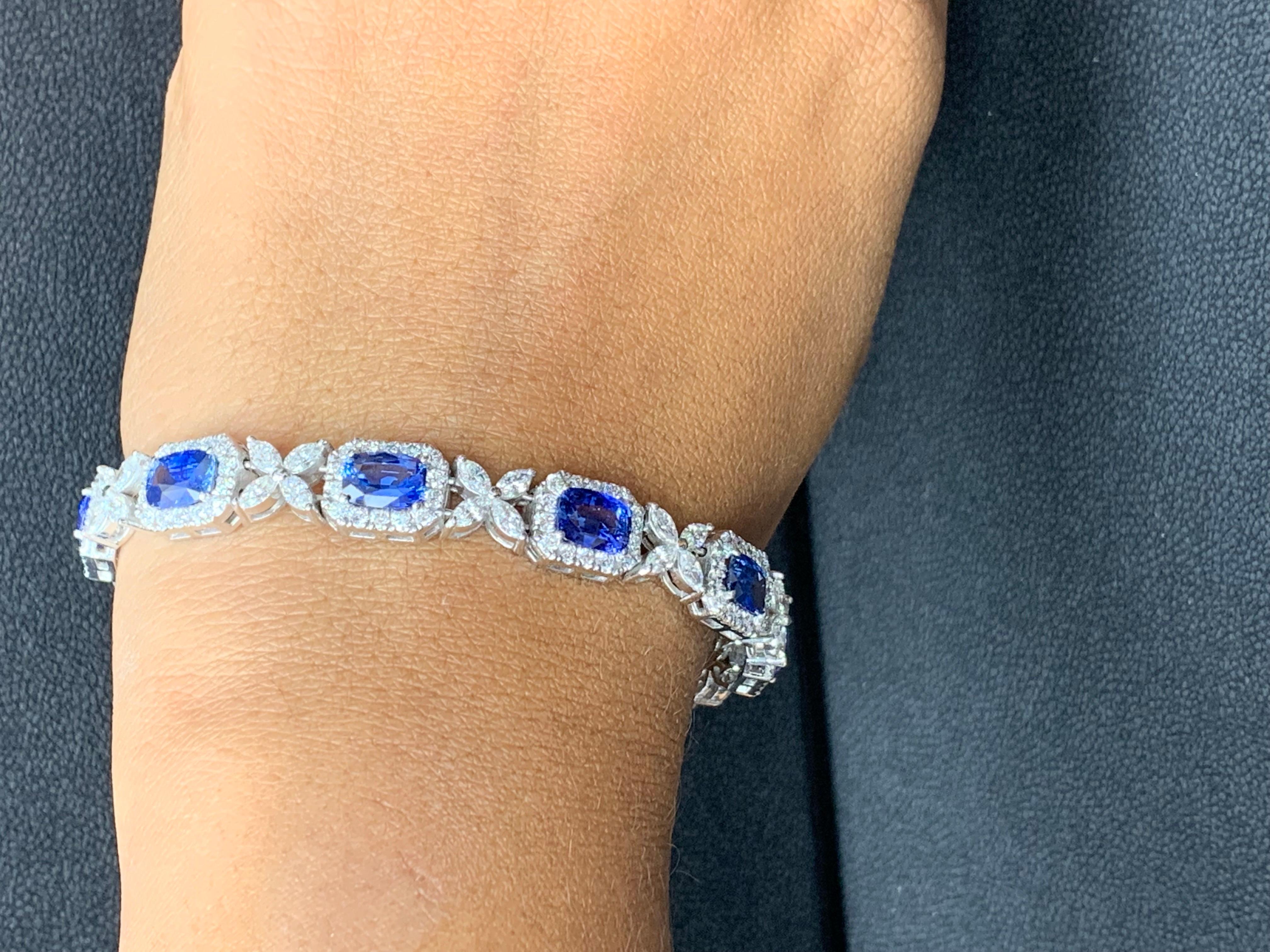 10.47 Carat Cushion cut Sapphire and Diamond Bracelet in 14K White Gold For Sale 8
