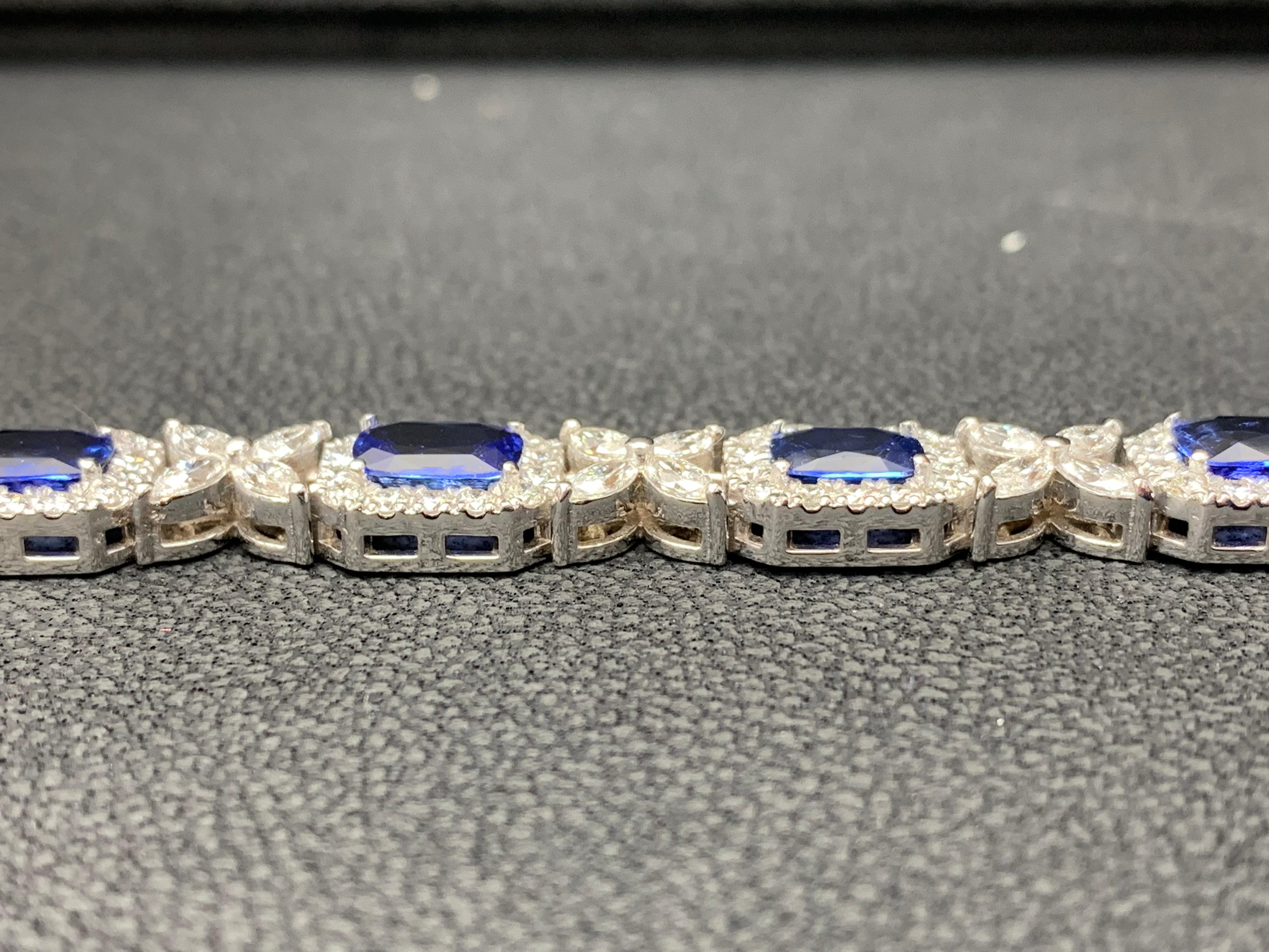 Modern 10.47 Carat Cushion cut Sapphire and Diamond Bracelet in 14K White Gold For Sale