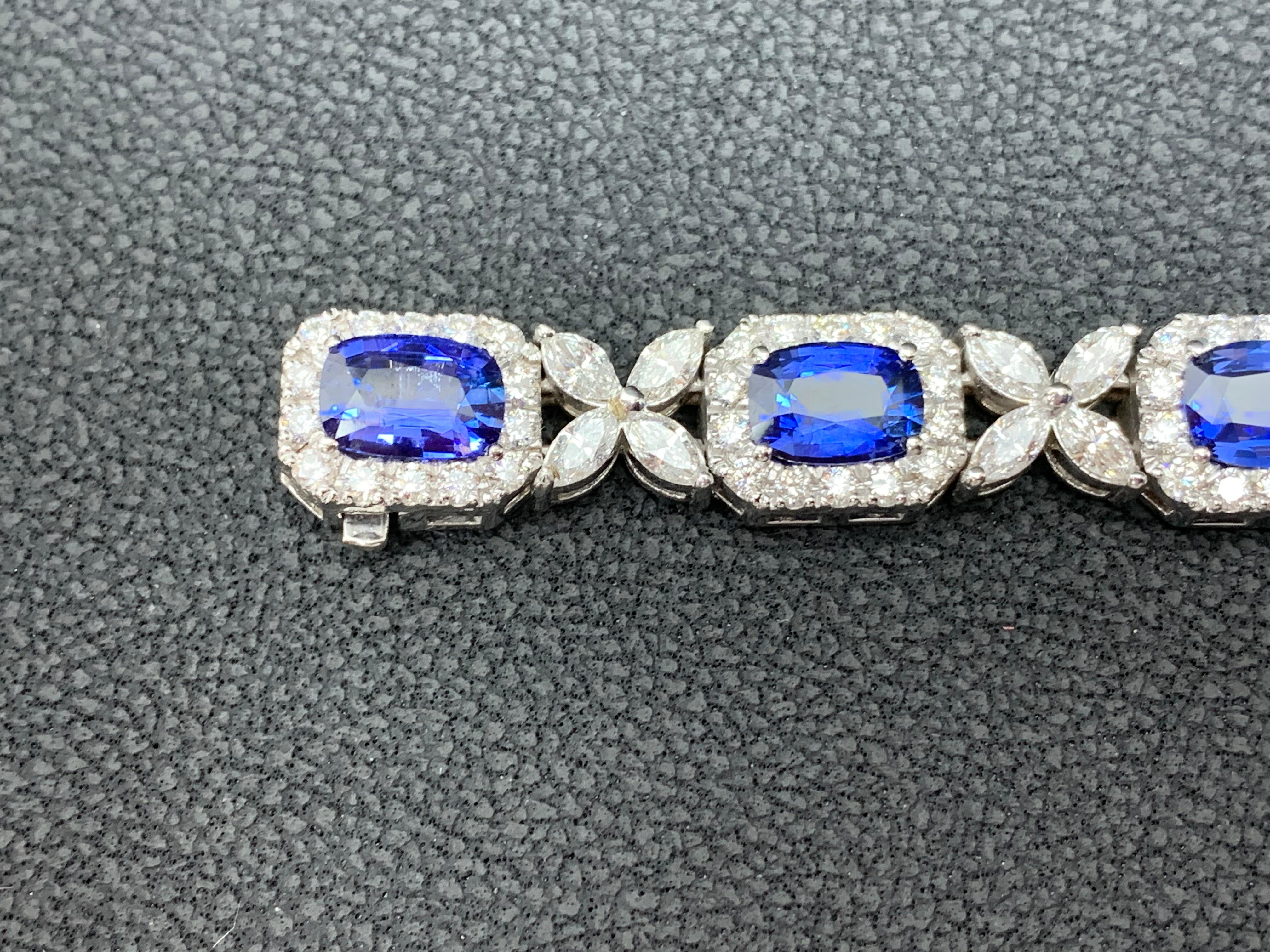 Women's 10.47 Carat Cushion cut Sapphire and Diamond Bracelet in 14K White Gold For Sale