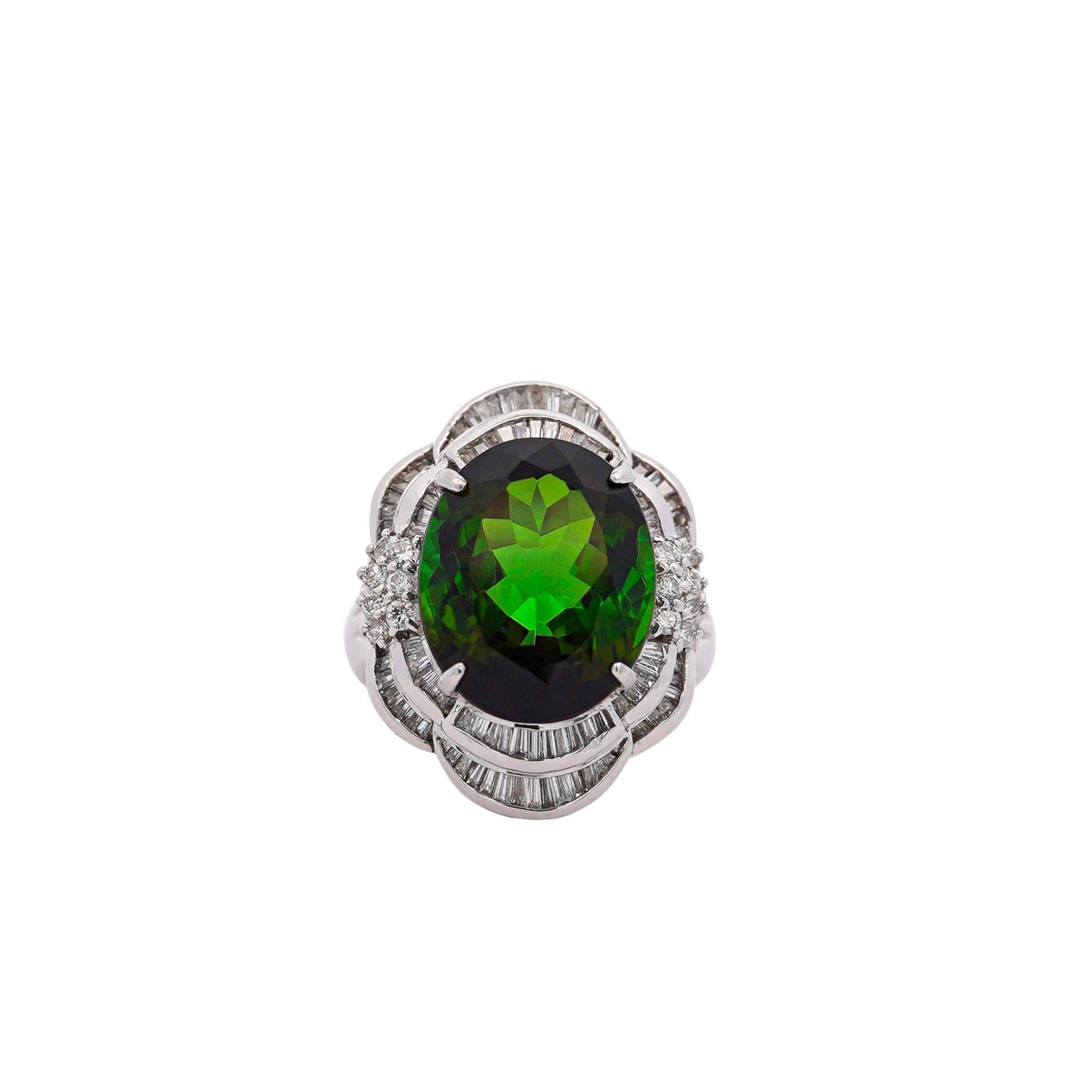 GIA Cert 10.47 Carat Oval Cut Tourmaline & Diamond in Platinum Cocktail Ring For Sale 5