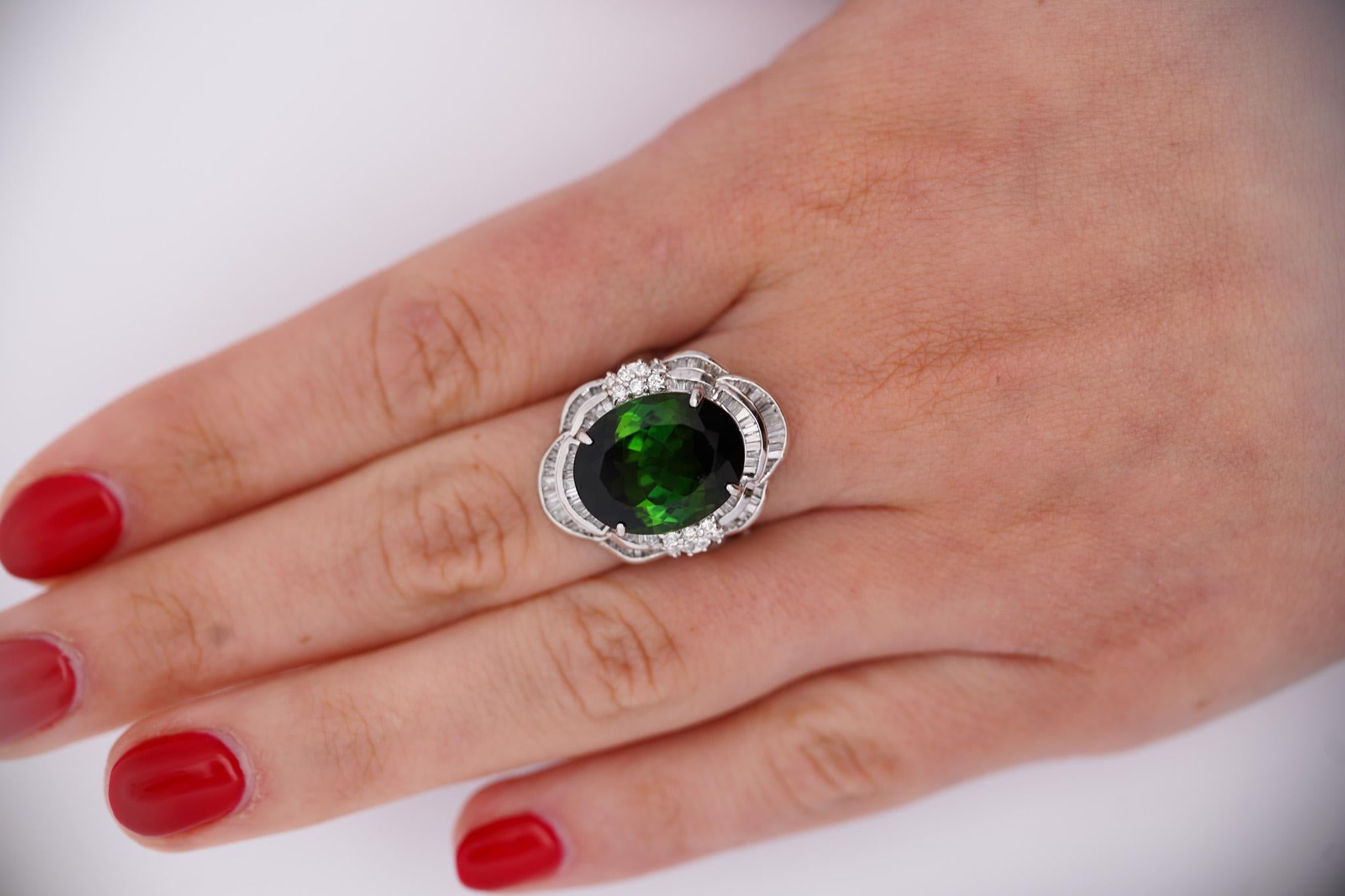 Contemporary GIA Cert 10.47 Carat Oval Cut Tourmaline & Diamond in Platinum Cocktail Ring For Sale