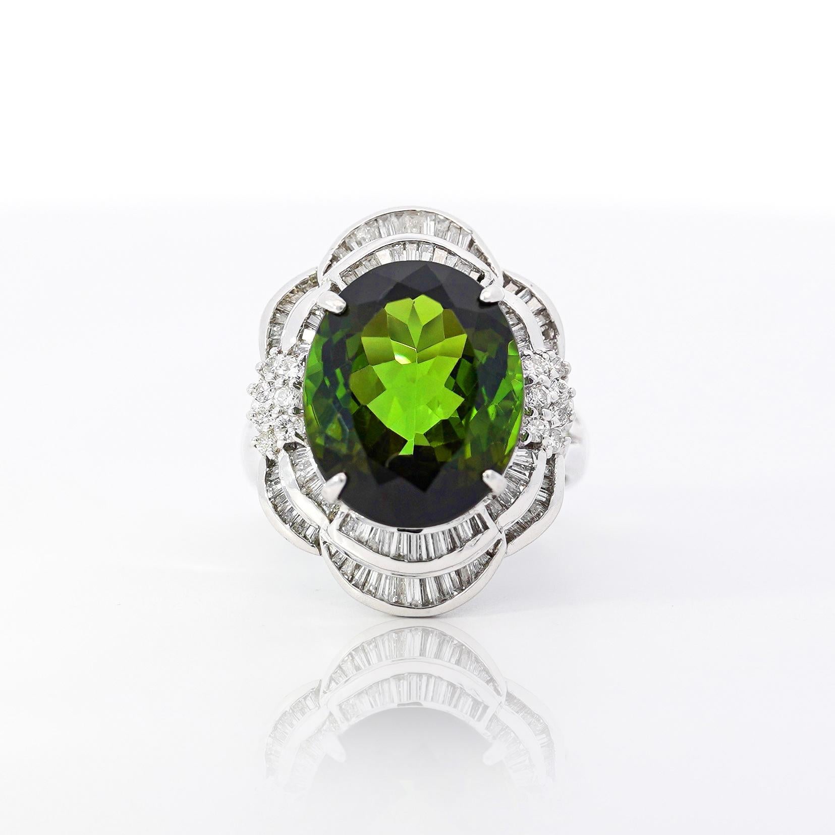 GIA Cert 10.47 Carat Oval Cut Tourmaline & Diamond in Platinum Cocktail Ring In Excellent Condition For Sale In Miami, FL