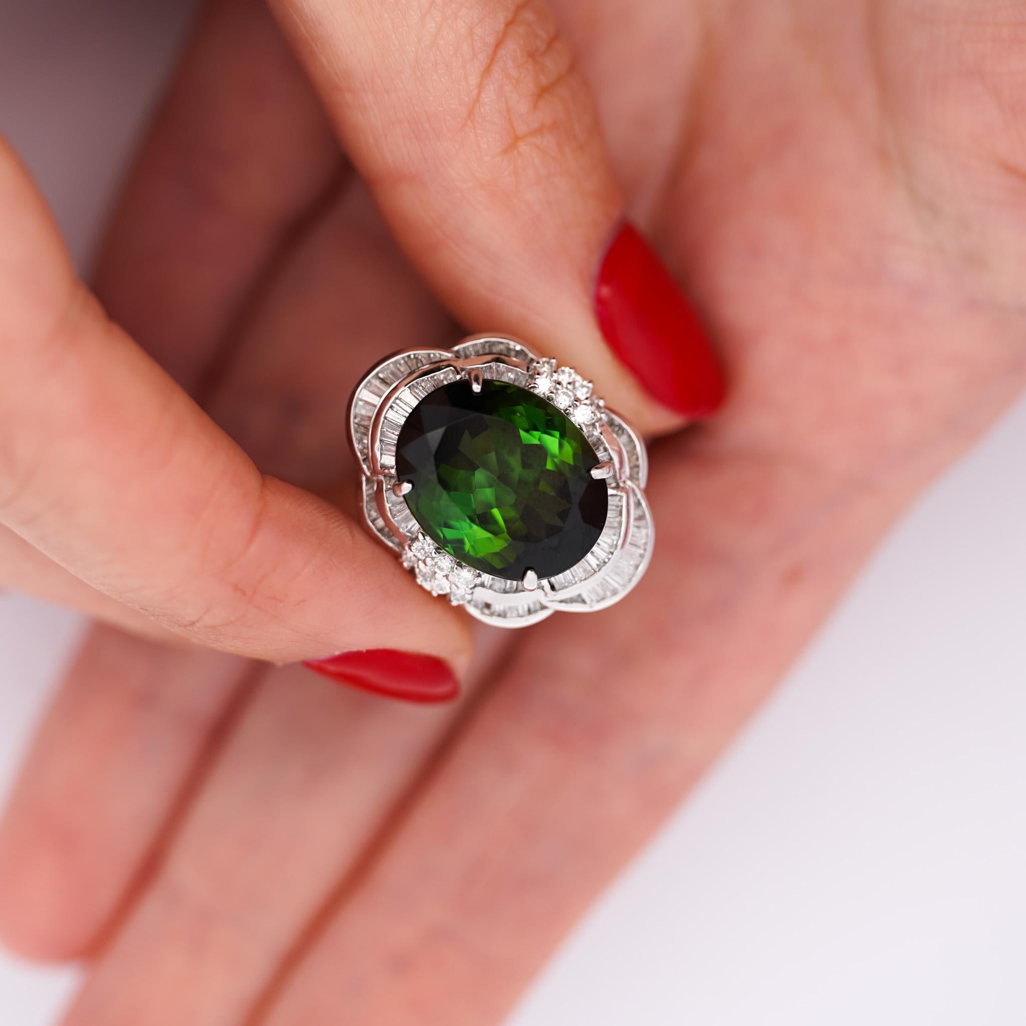 GIA Cert 10.47 Carat Oval Cut Tourmaline & Diamond in Platinum Cocktail Ring For Sale 1