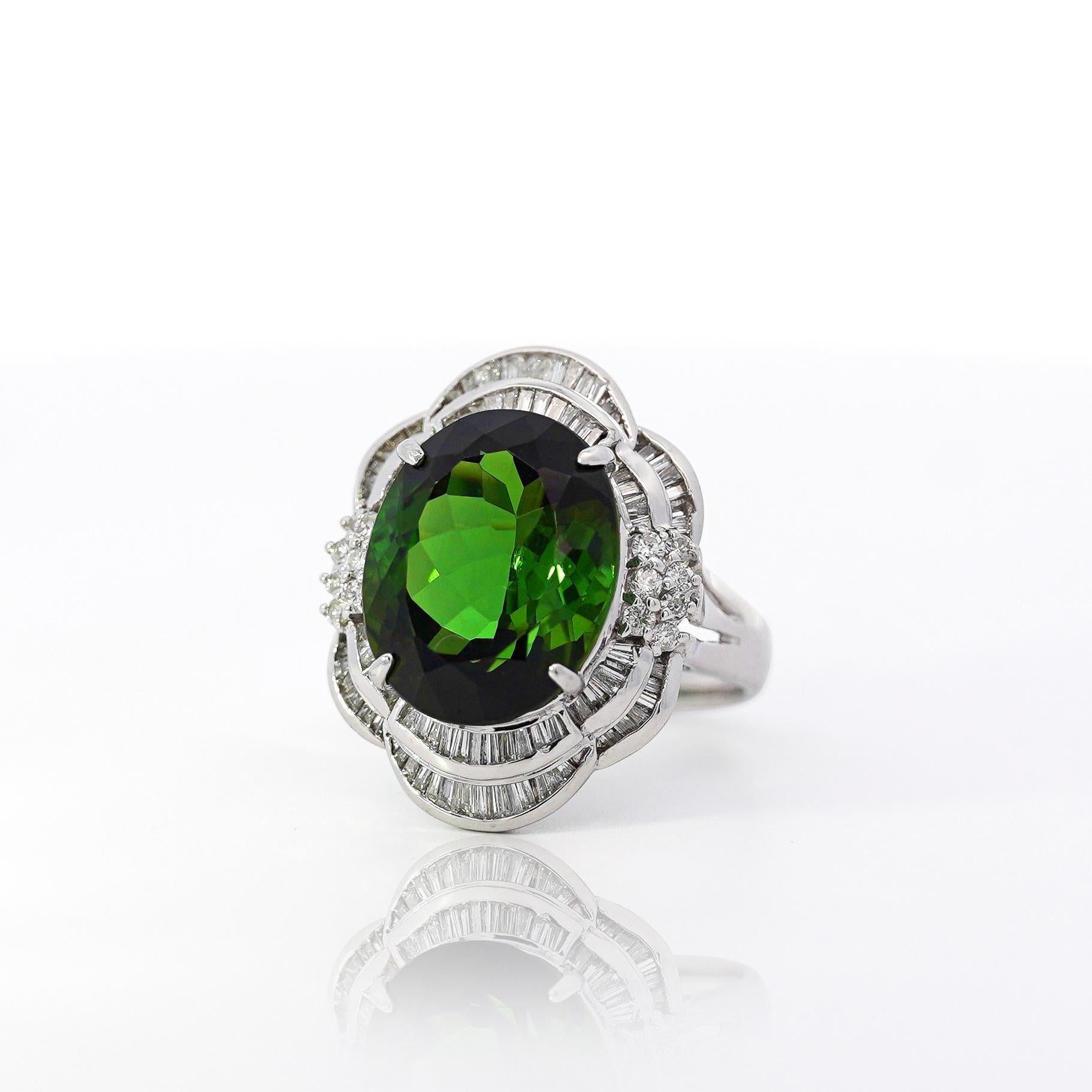GIA Cert 10.47 Carat Oval Cut Tourmaline & Diamond in Platinum Cocktail Ring For Sale 3