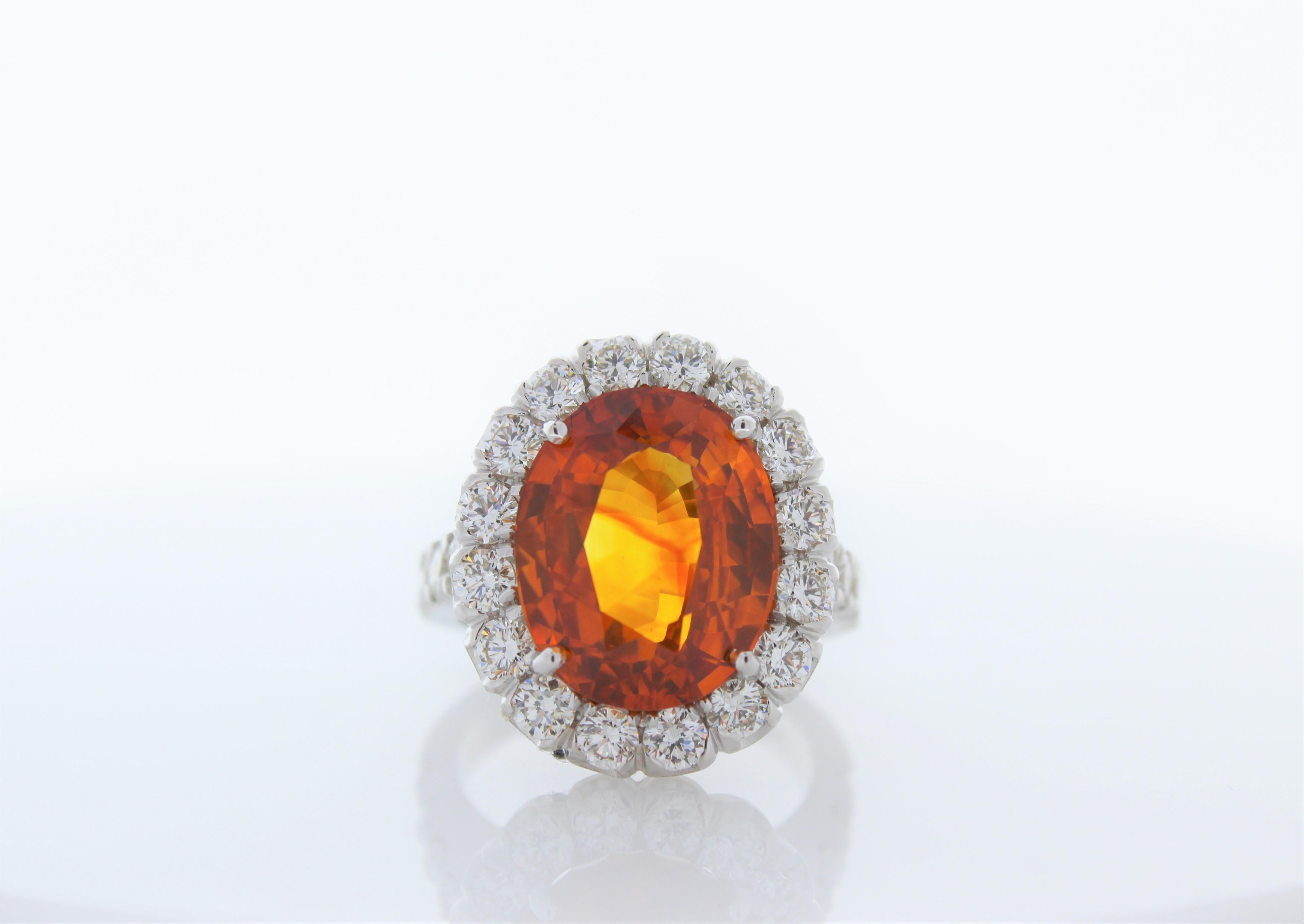 Contemporary 10.47 Carat Oval Orange Sapphire and Diamond Ring in 18K White Gold For Sale