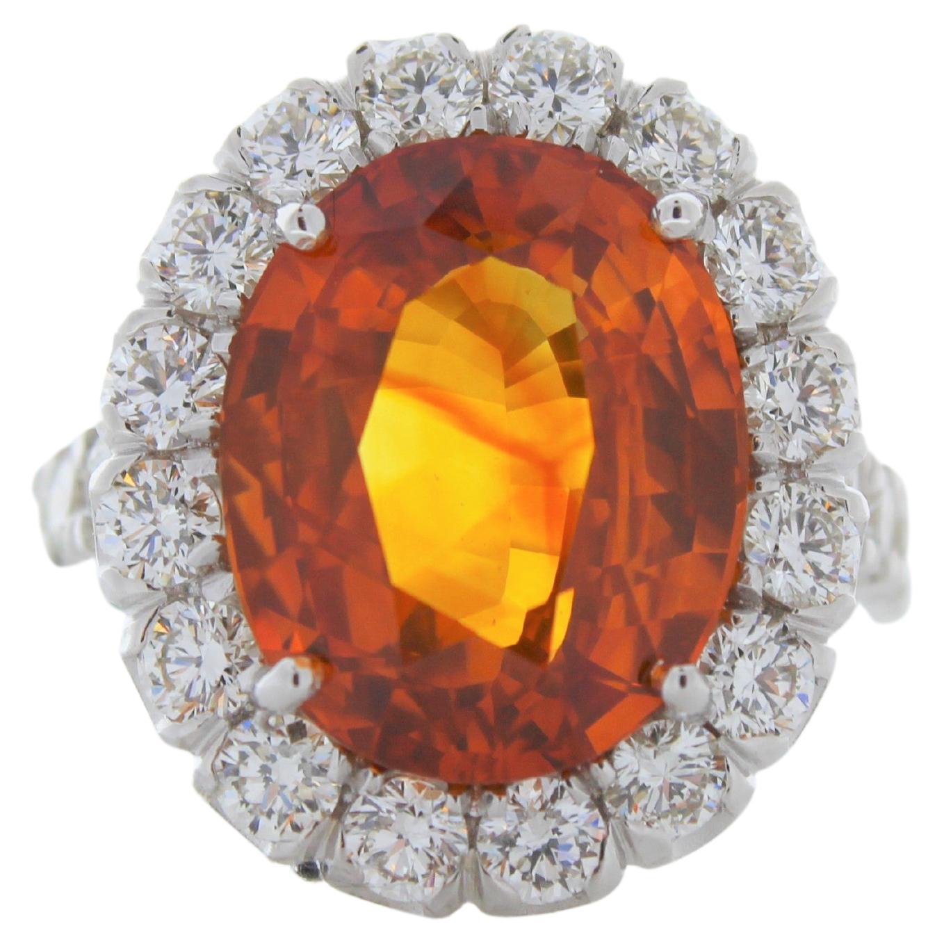 10.47 Carat Oval Orange Sapphire and Diamond Ring in 18K White Gold For Sale