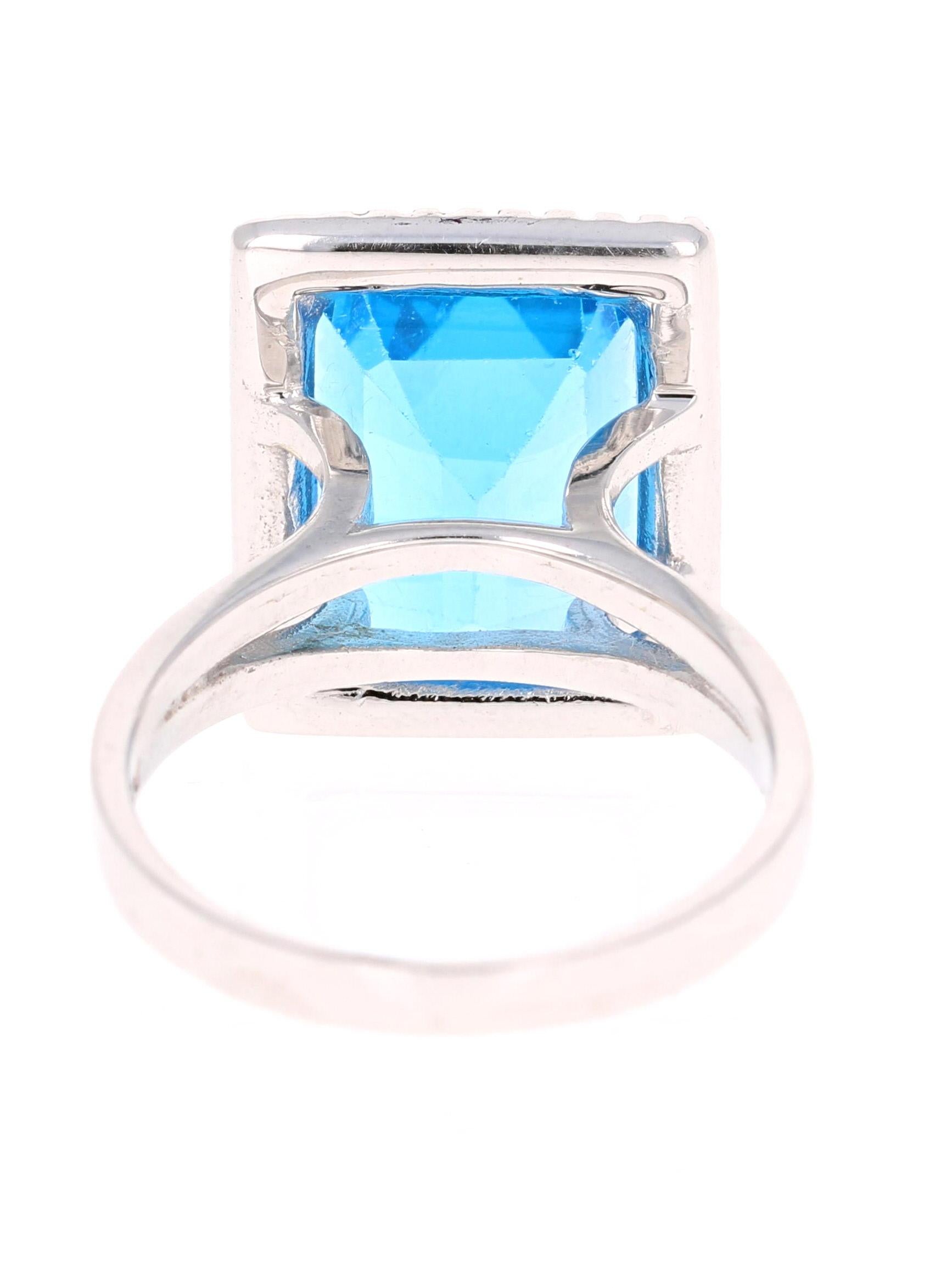 Emerald Cut 10.48 Carat Blue Topaz Diamond White Gold Cocktail Ring