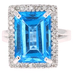 10.48 Carat Blue Topaz Diamond White Gold Cocktail Ring