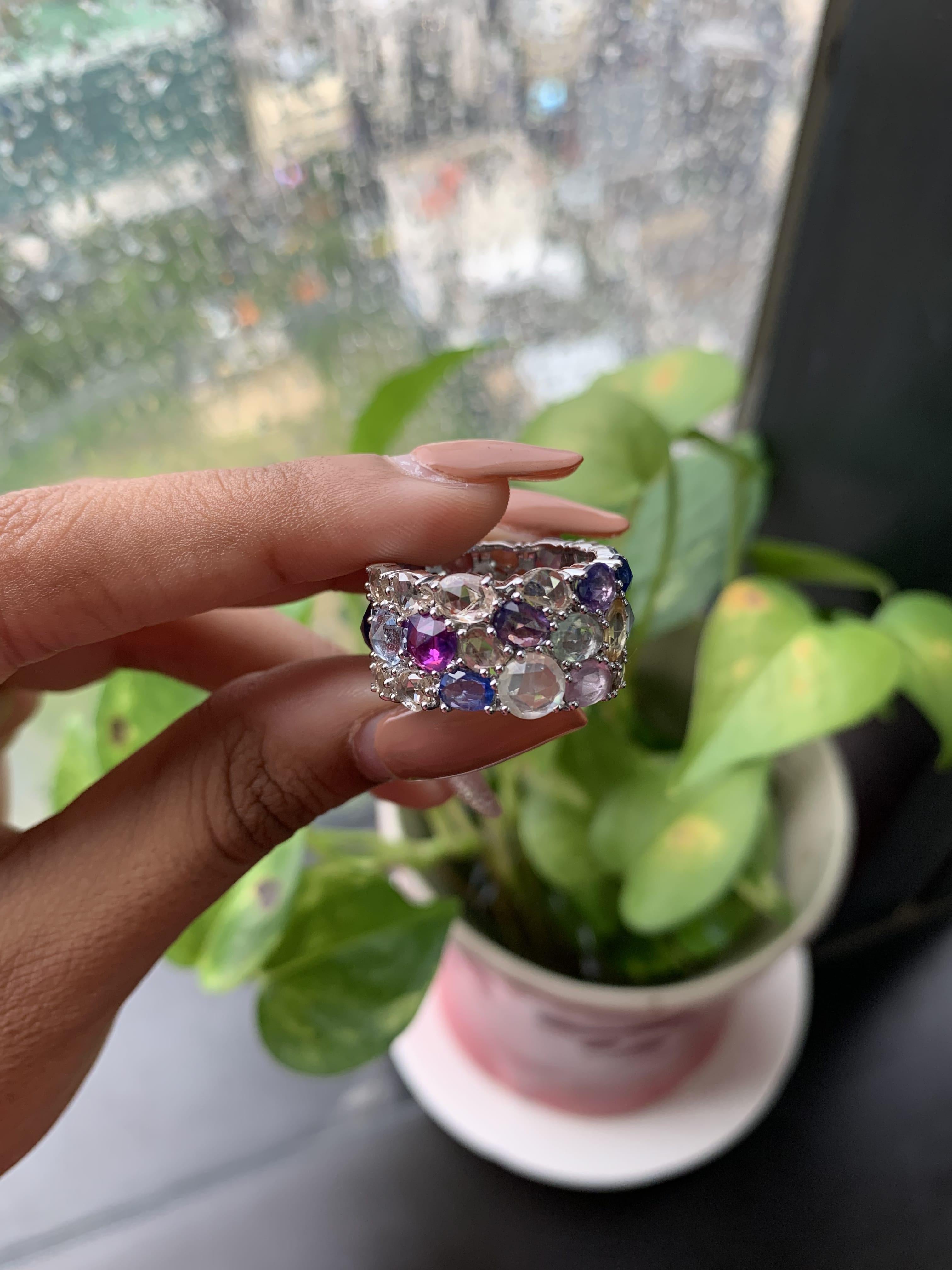 10.48 Carat Fancy Rose Cut Multicolor Sapphire Statement Ring in 14K White Gold In New Condition For Sale In Bangkok, TH
