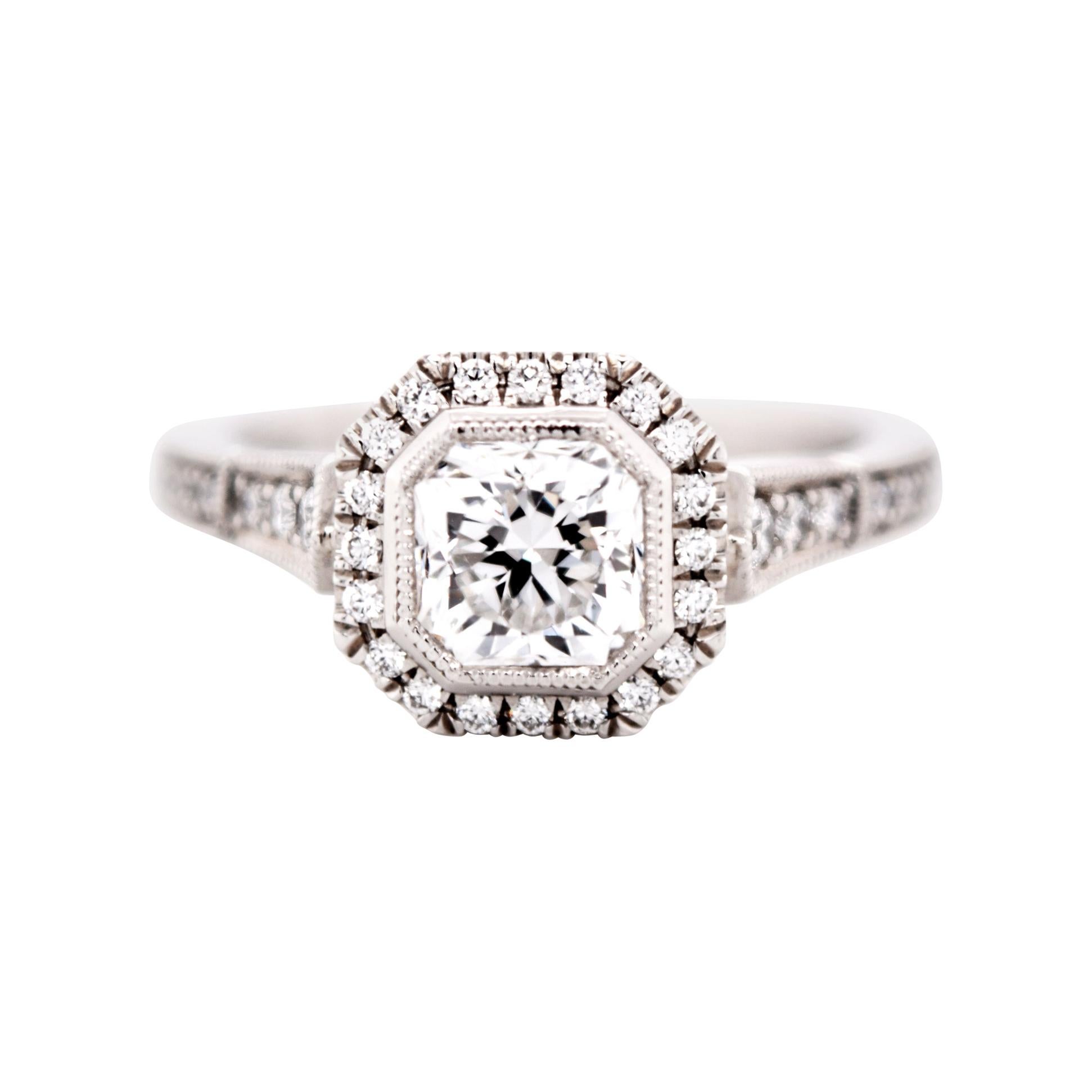 1.048 Carat Square Radiant Diamond Engagement Platinum Ring Art Deco Style For Sale
