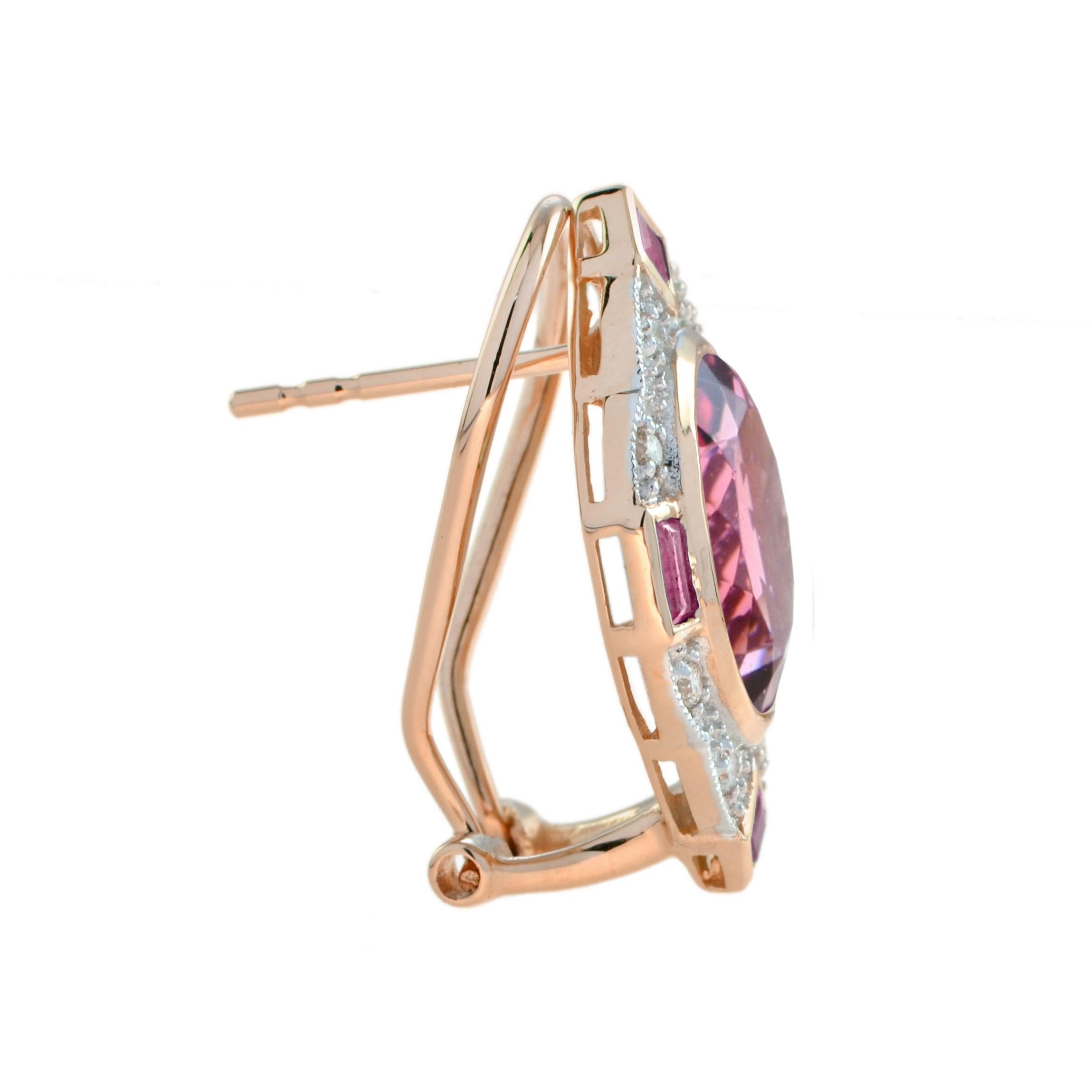 10,48 ct. Pinke Turmalin Rubin und Diamant Vintage inspirierte Ohrringe in 14K Gold (Art déco) im Angebot