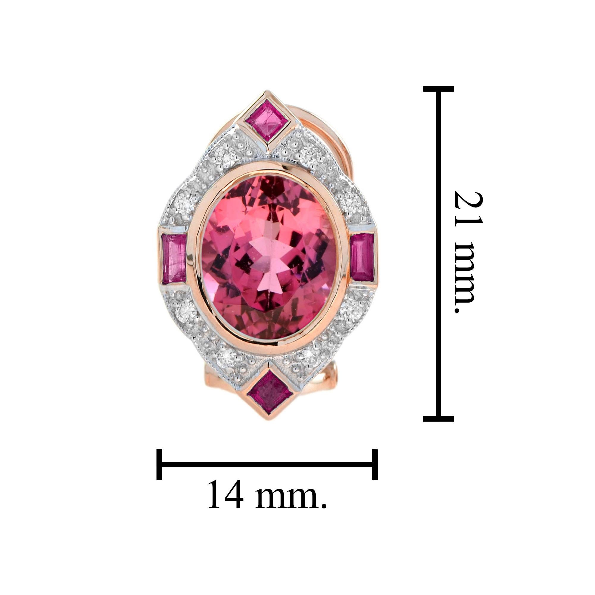 10.48 Ct. Pink Tourmaline Ruby and Diamond Vintage Inspired Earrings in 14K Gold In New Condition For Sale In Bangkok, TH