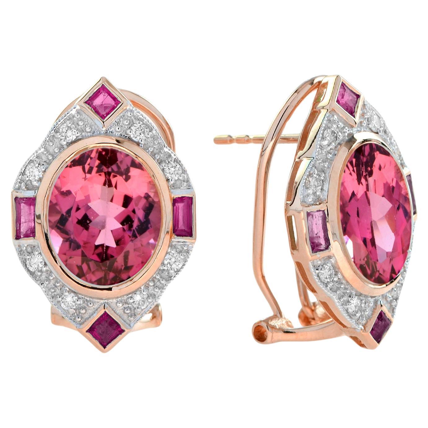 10.48 Ct. Pink Tourmaline Ruby and Diamond Vintage Inspired Earrings in 14K Gold For Sale