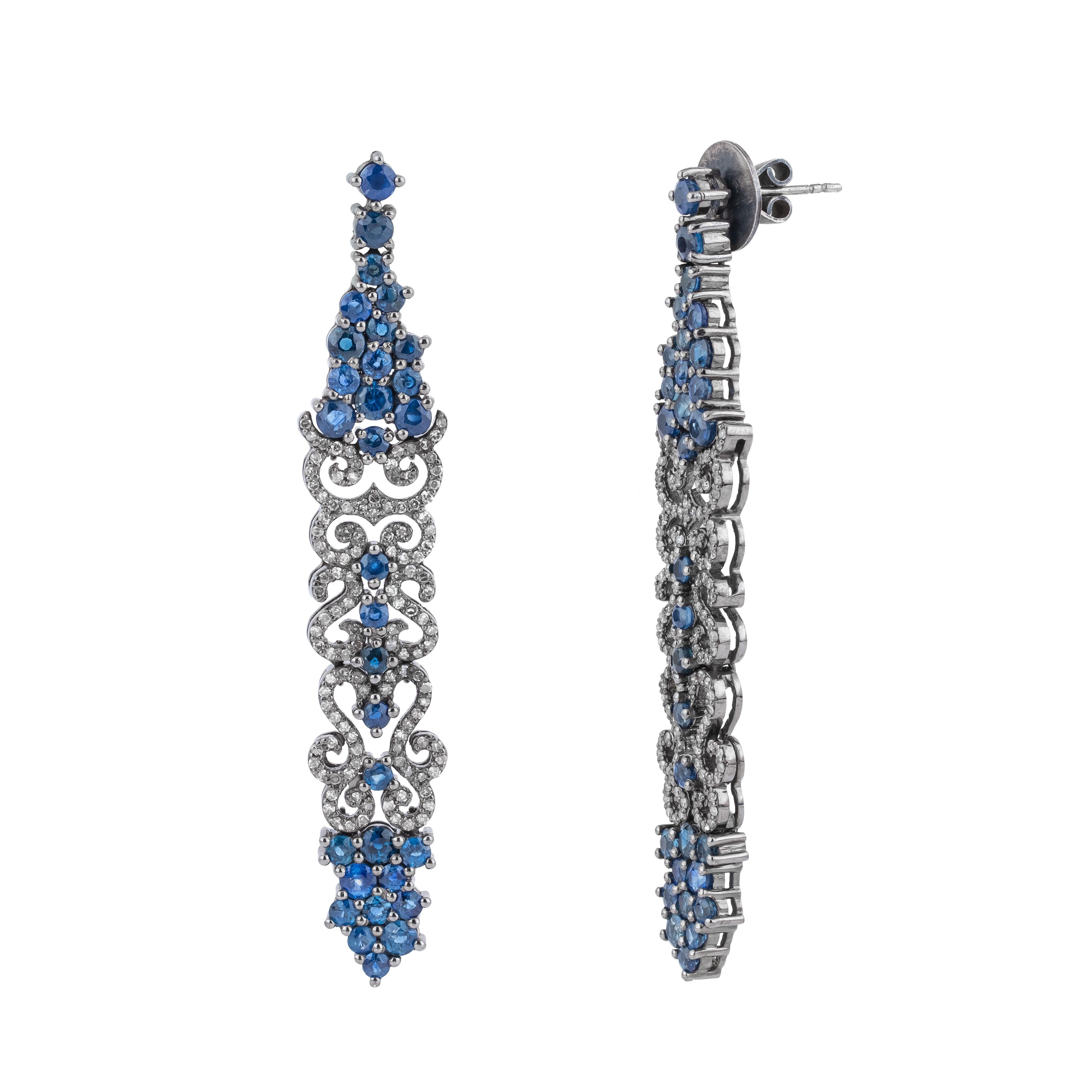 Brilliant Cut 10.49 Carat Diamond and Sapphire Dangle Earrings For Sale
