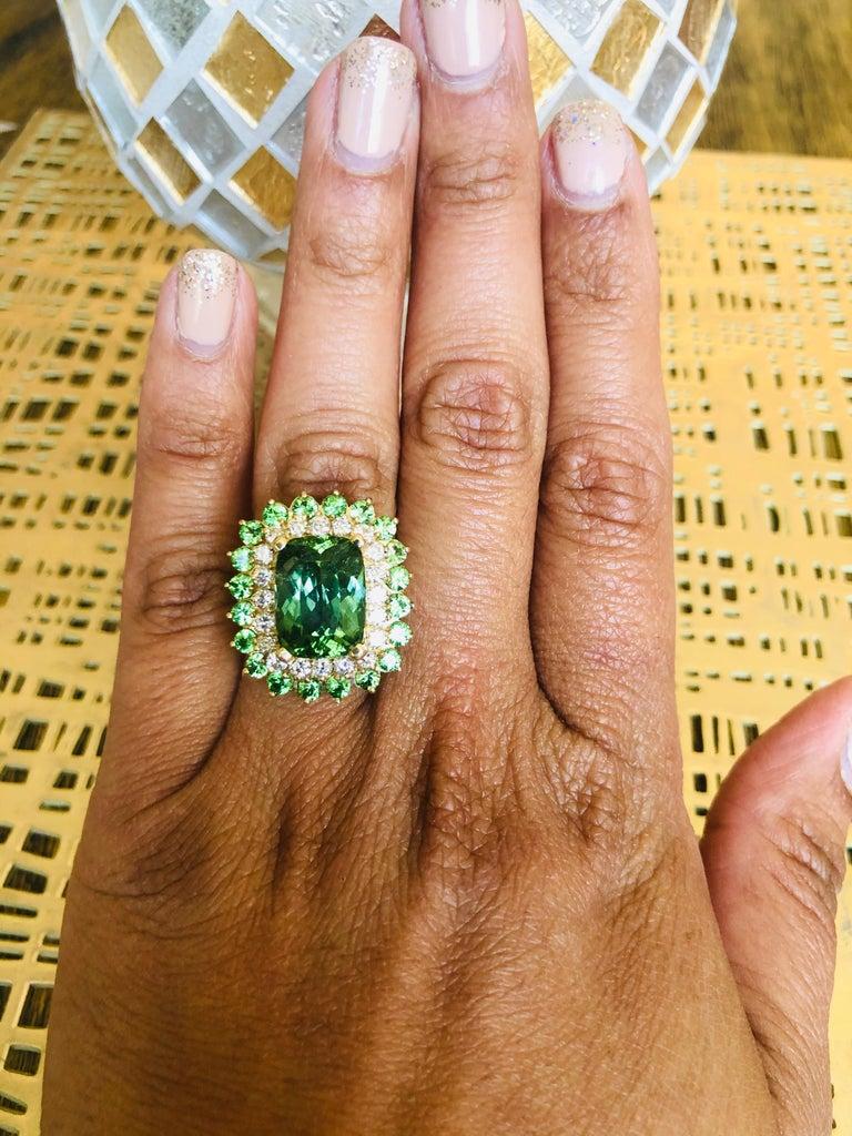 Cushion Cut 10.49 Carat Green Tourmaline Diamond 14 Karat Yellow Gold Cocktail Ring For Sale