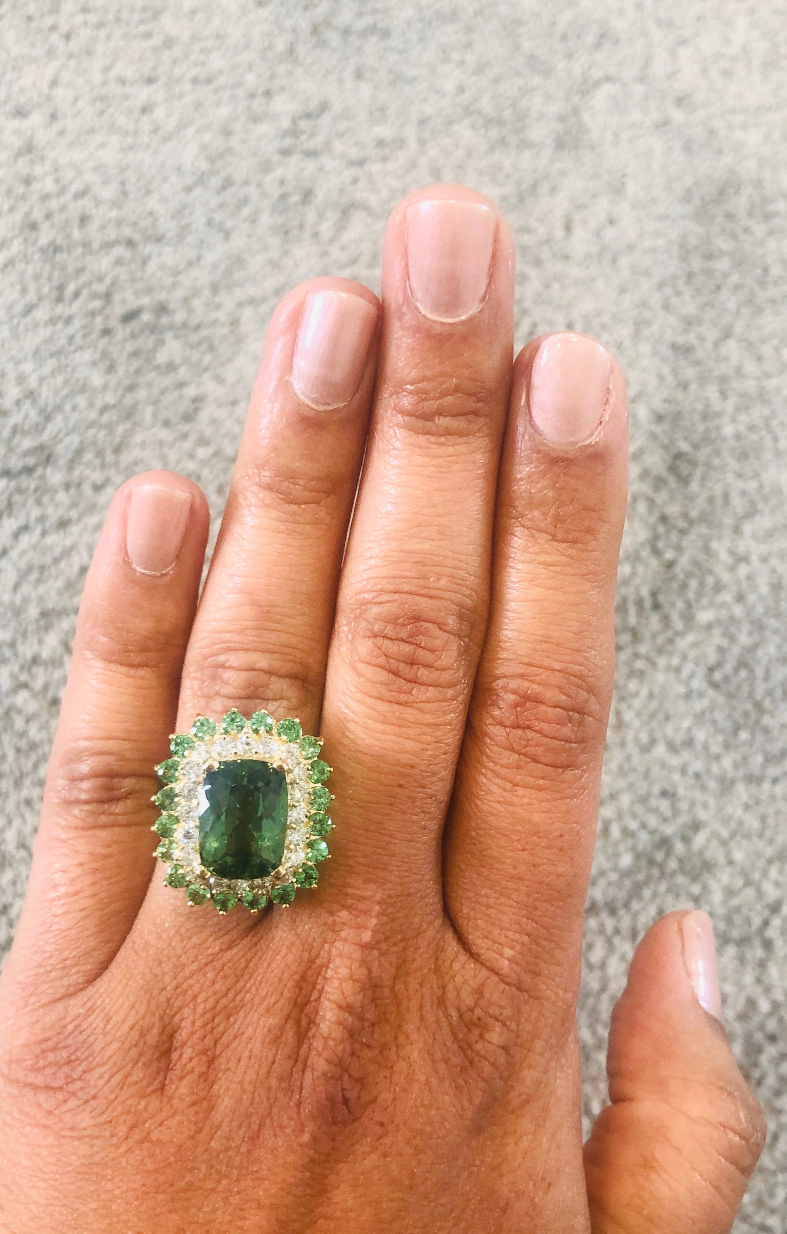 10.49 Carat Green Tourmaline Diamond 14 Karat Yellow Gold Cocktail Ring In New Condition For Sale In Los Angeles, CA