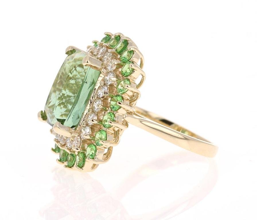 Women's 10.49 Carat Green Tourmaline Diamond 14 Karat Yellow Gold Cocktail Ring For Sale