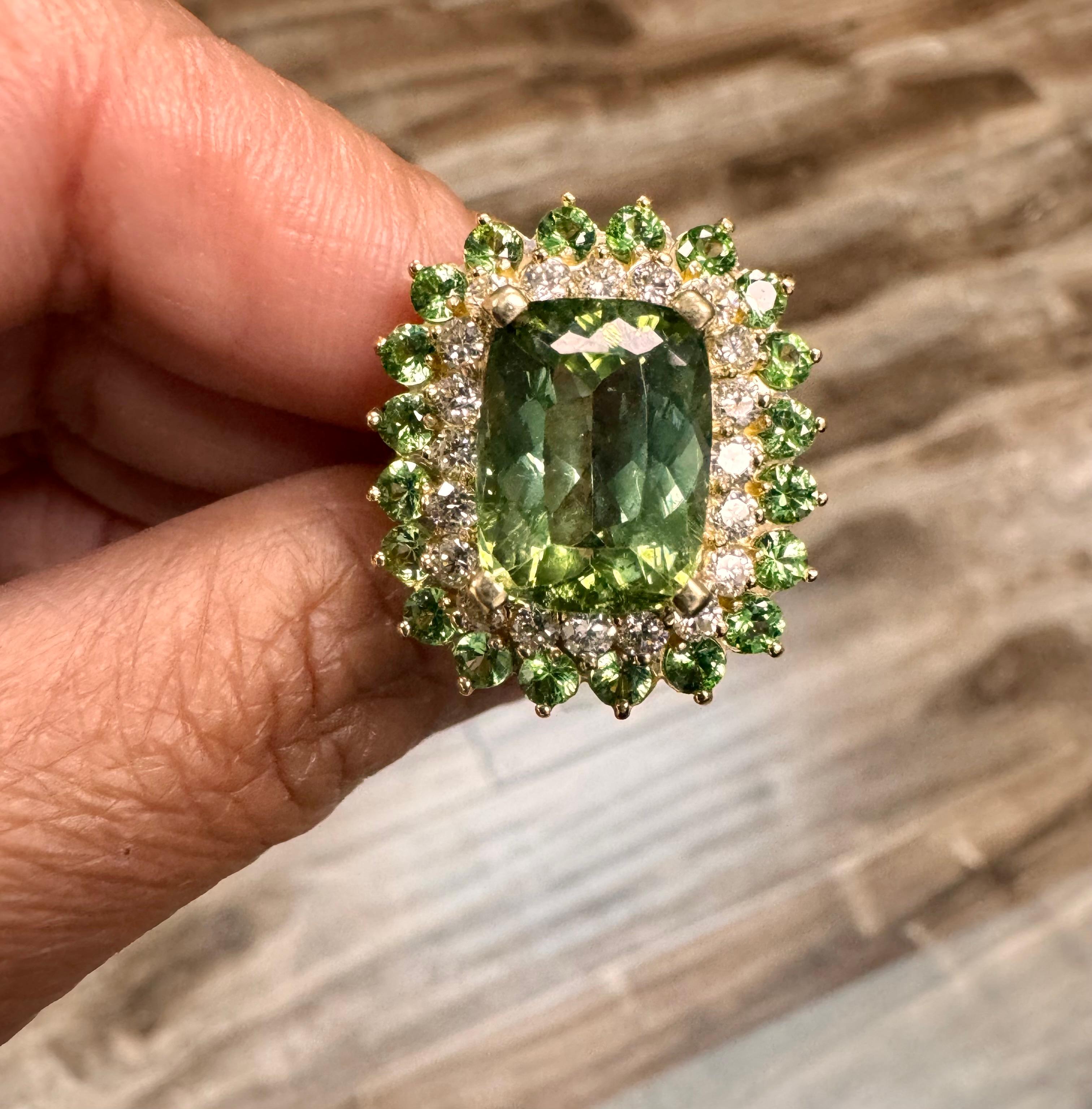 10.49 Carat Green Tourmaline Diamond 14 Karat Yellow Gold Cocktail Ring For Sale 1