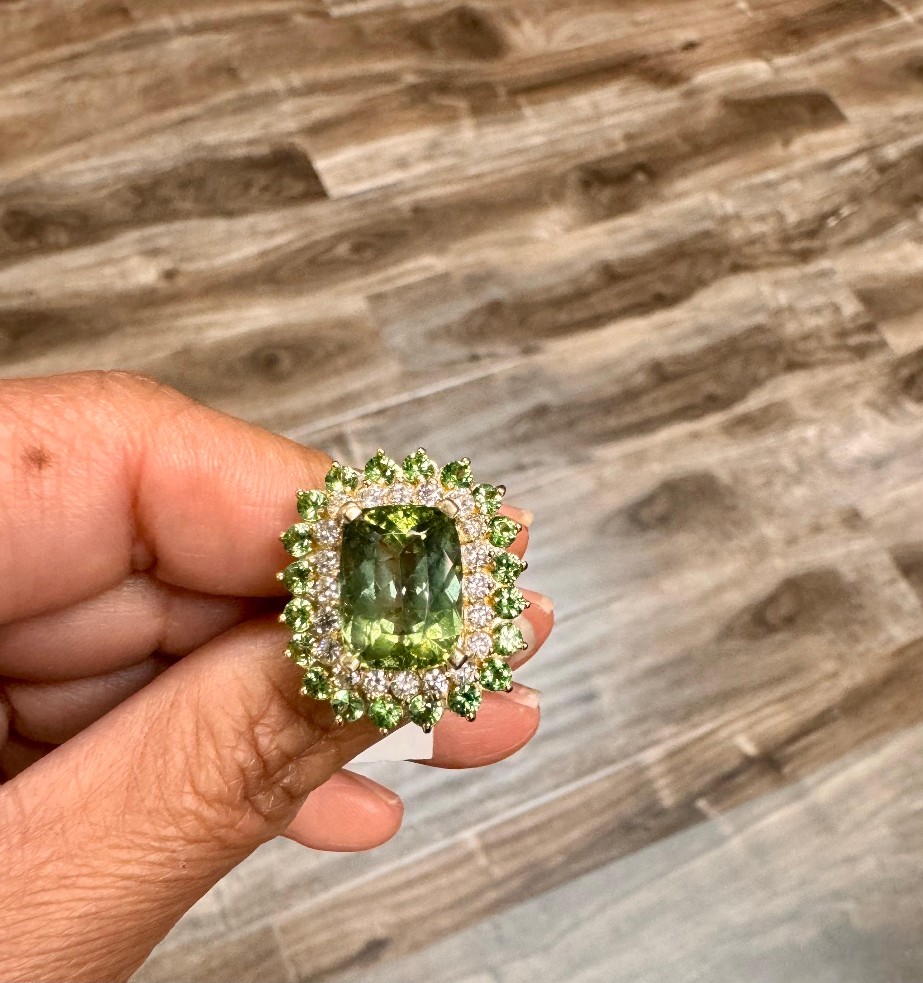 10.49 Carat Green Tourmaline Diamond 14 Karat Yellow Gold Cocktail Ring For Sale 2