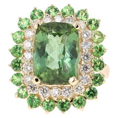 Bague cocktail en or jaune 14 carats avec tourmaline verte de 10,49 carats et diamants